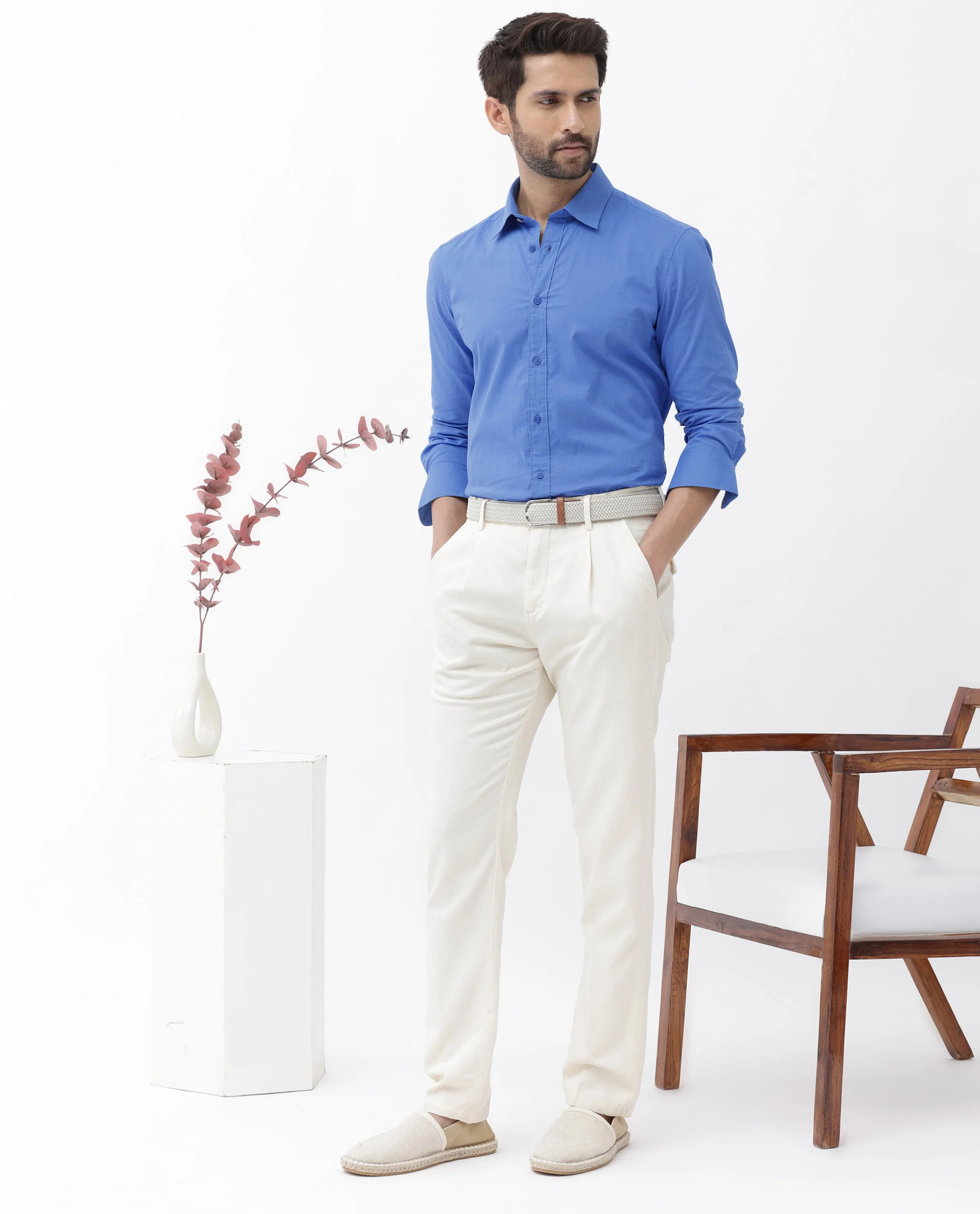 Rare Rabbit Men's Cambo Flouroscent Blue Cotton Plain Regular Fit Full Sleeve Collared Shirt - Image 2