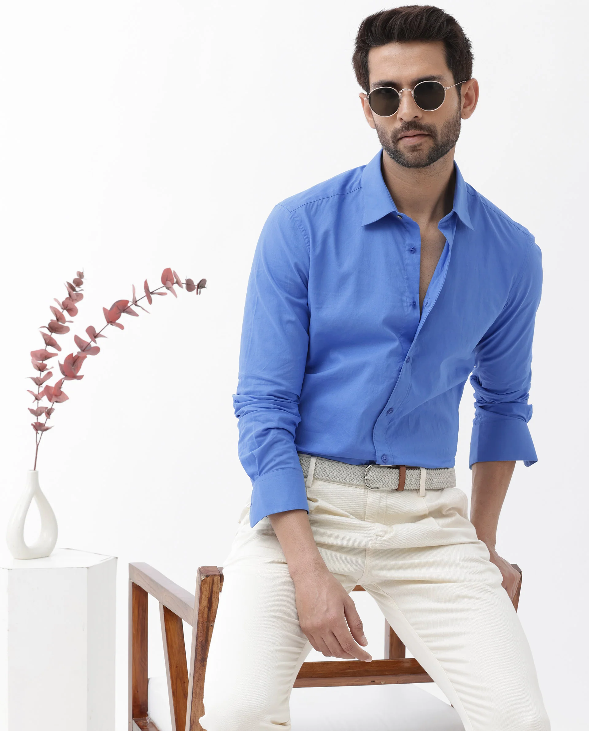 Rare Rabbit Men's Cambo Flouroscent Blue Cotton Plain Regular Fit Full Sleeve Collared Shirt - Image 3
