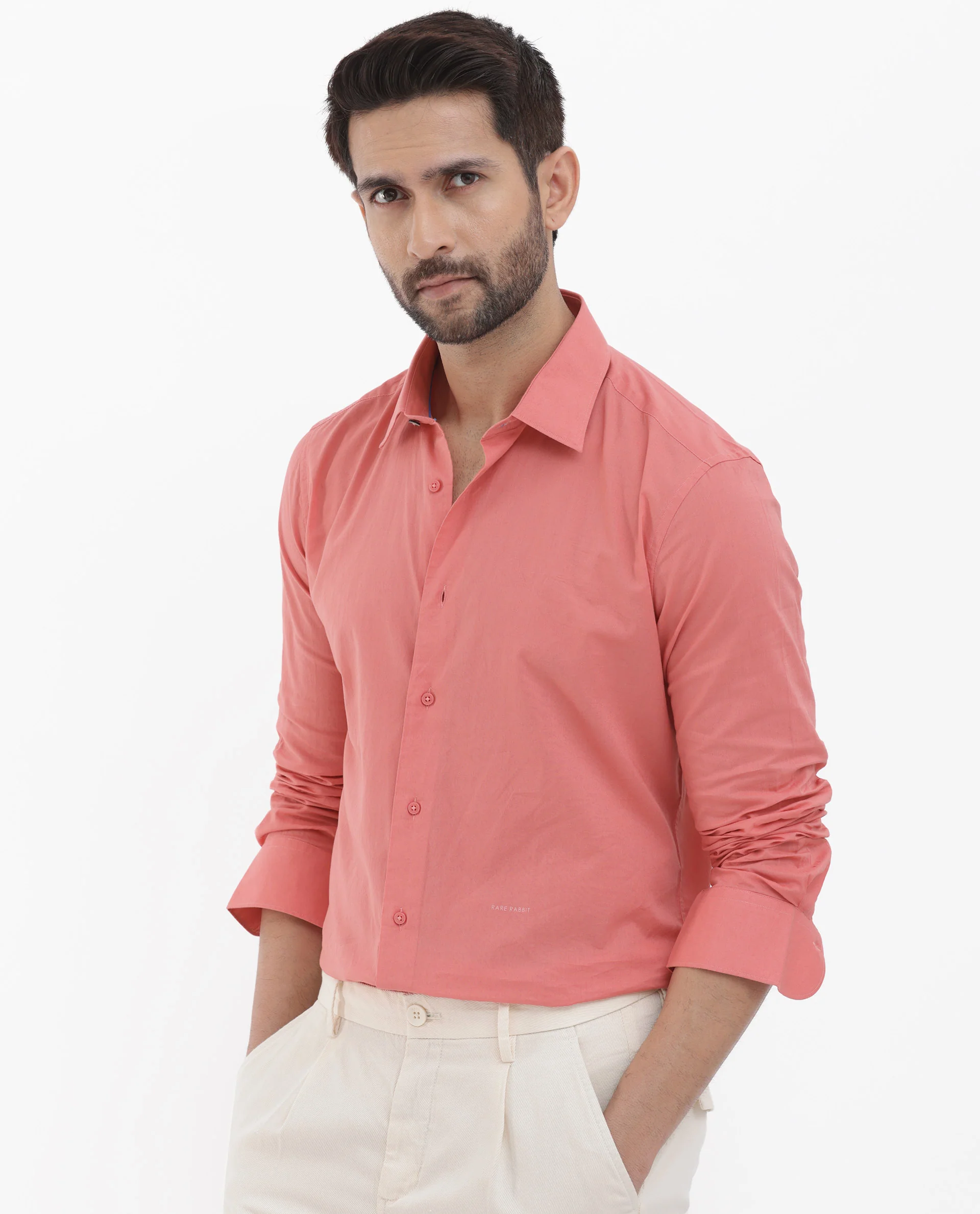 Rare Rabbit Men's Cambo Flouroscent Pink Cotton Plain Regular Fit Full Sleeve Collared Shirt