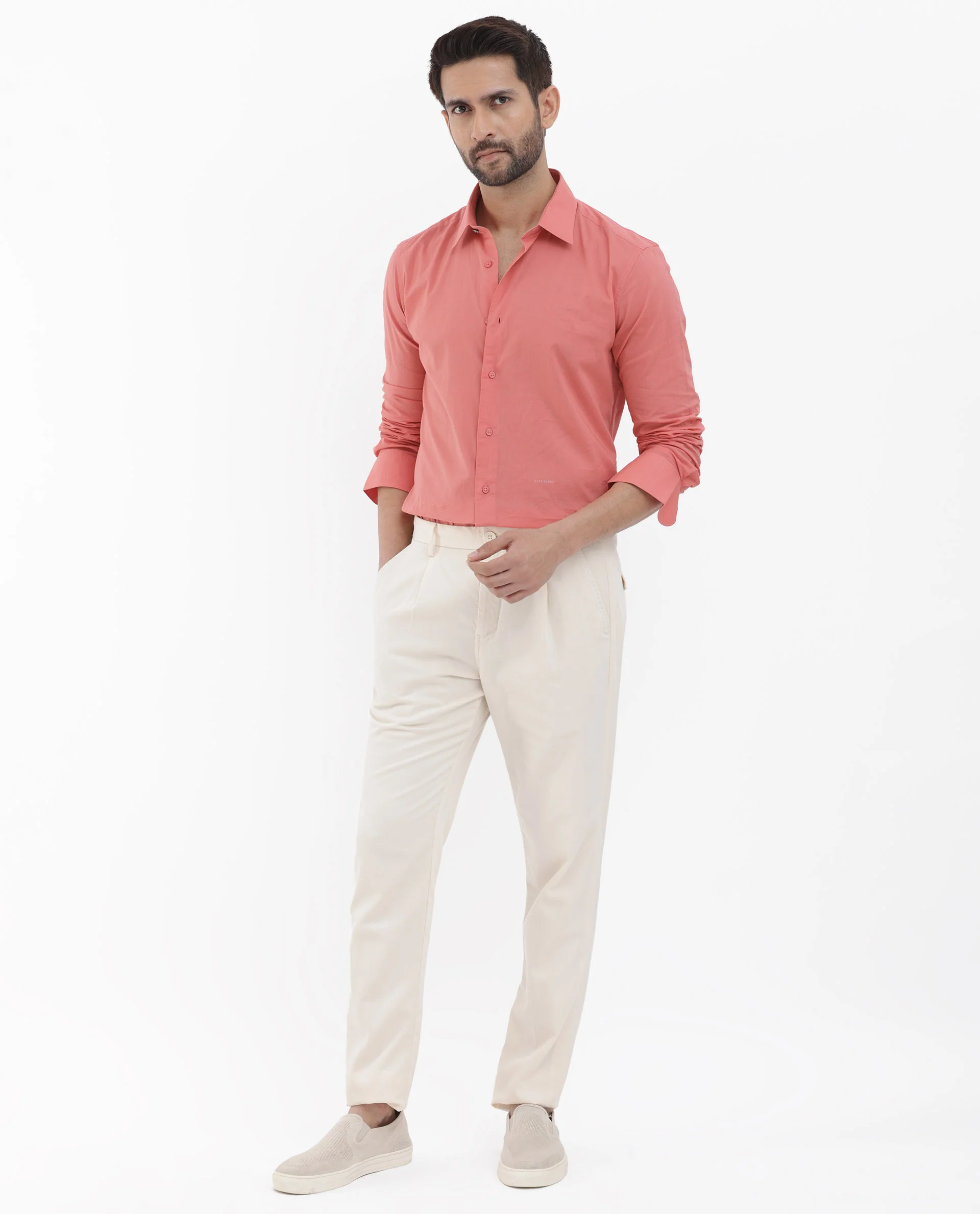 Rare Rabbit Men's Cambo Flouroscent Pink Cotton Plain Regular Fit Full Sleeve Collared Shirt - Image 2