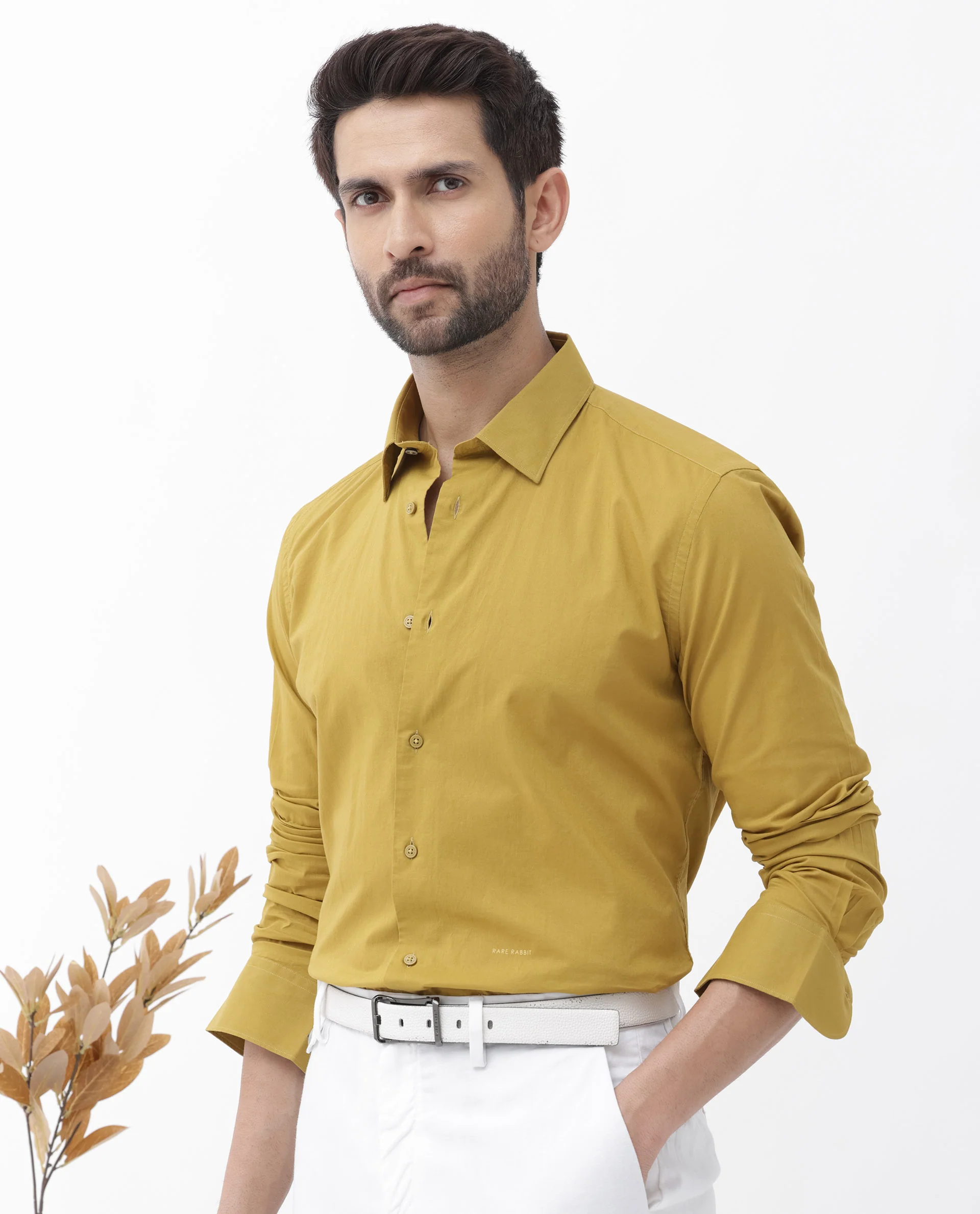 Rare Rabbit Men's Cambo Mustard Cotton Plain Regular Fit Full Sleeve Collared Shirt - Image 3
