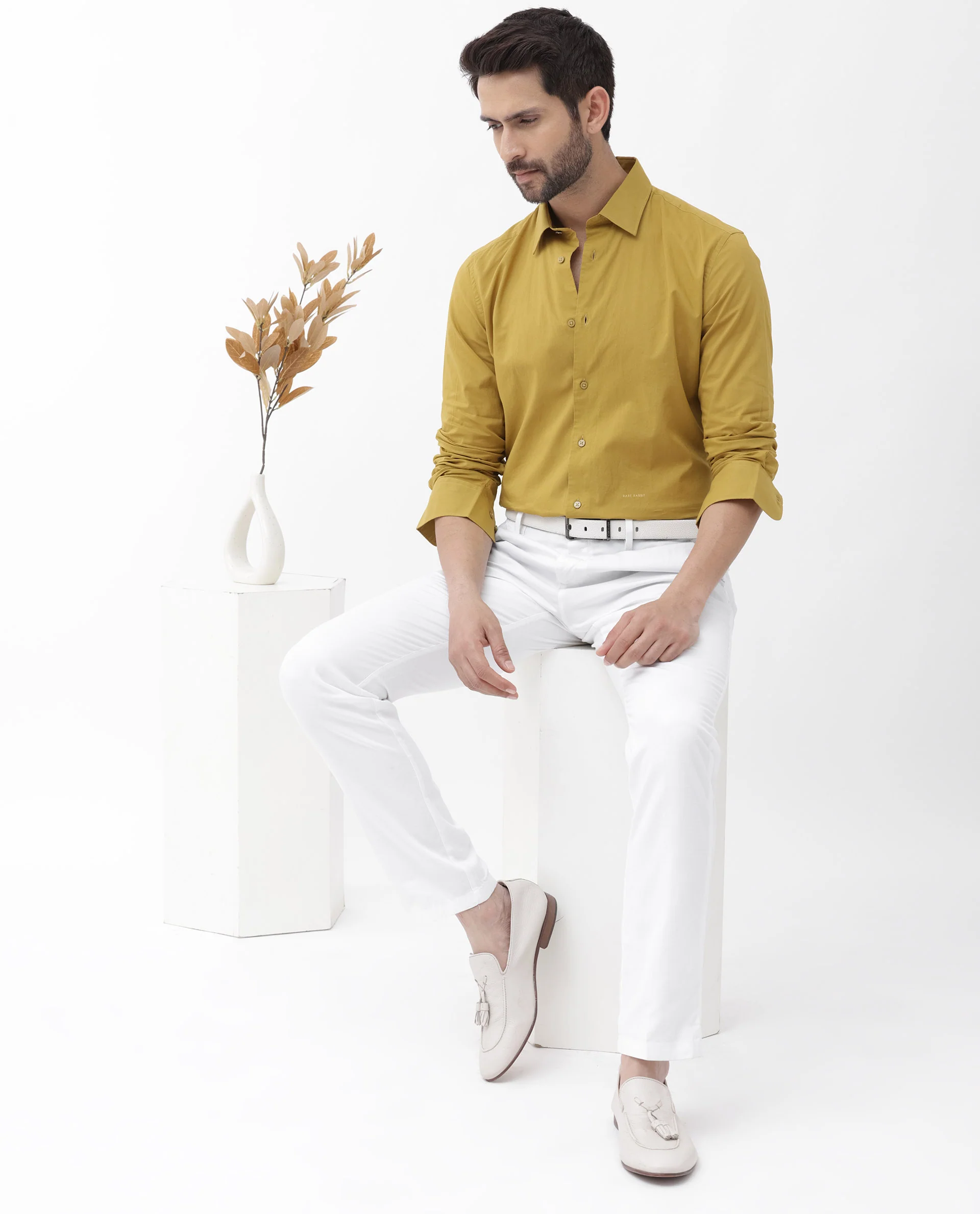 Rare Rabbit Men's Cambo Mustard Cotton Plain Regular Fit Full Sleeve Collared Shirt - Image 8