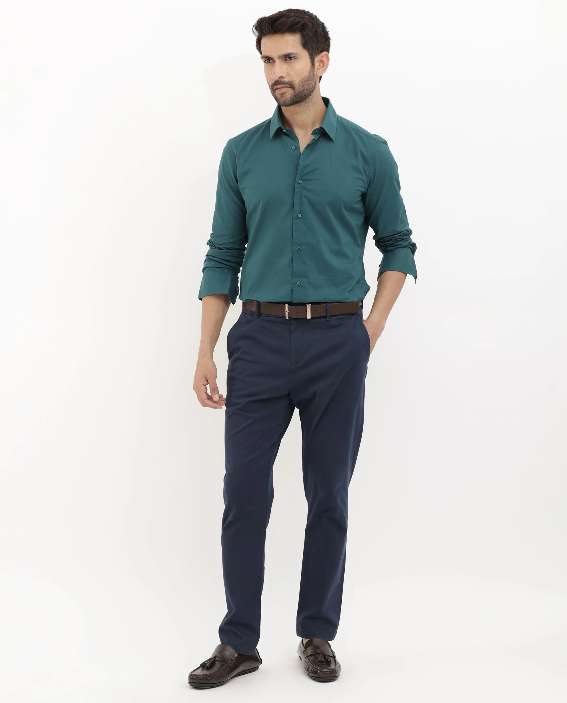 Rare Rabbit Men's Cambo Teal Cotton Plain Regular Fit Full Sleeve Spread Collar Shirt - Image 2