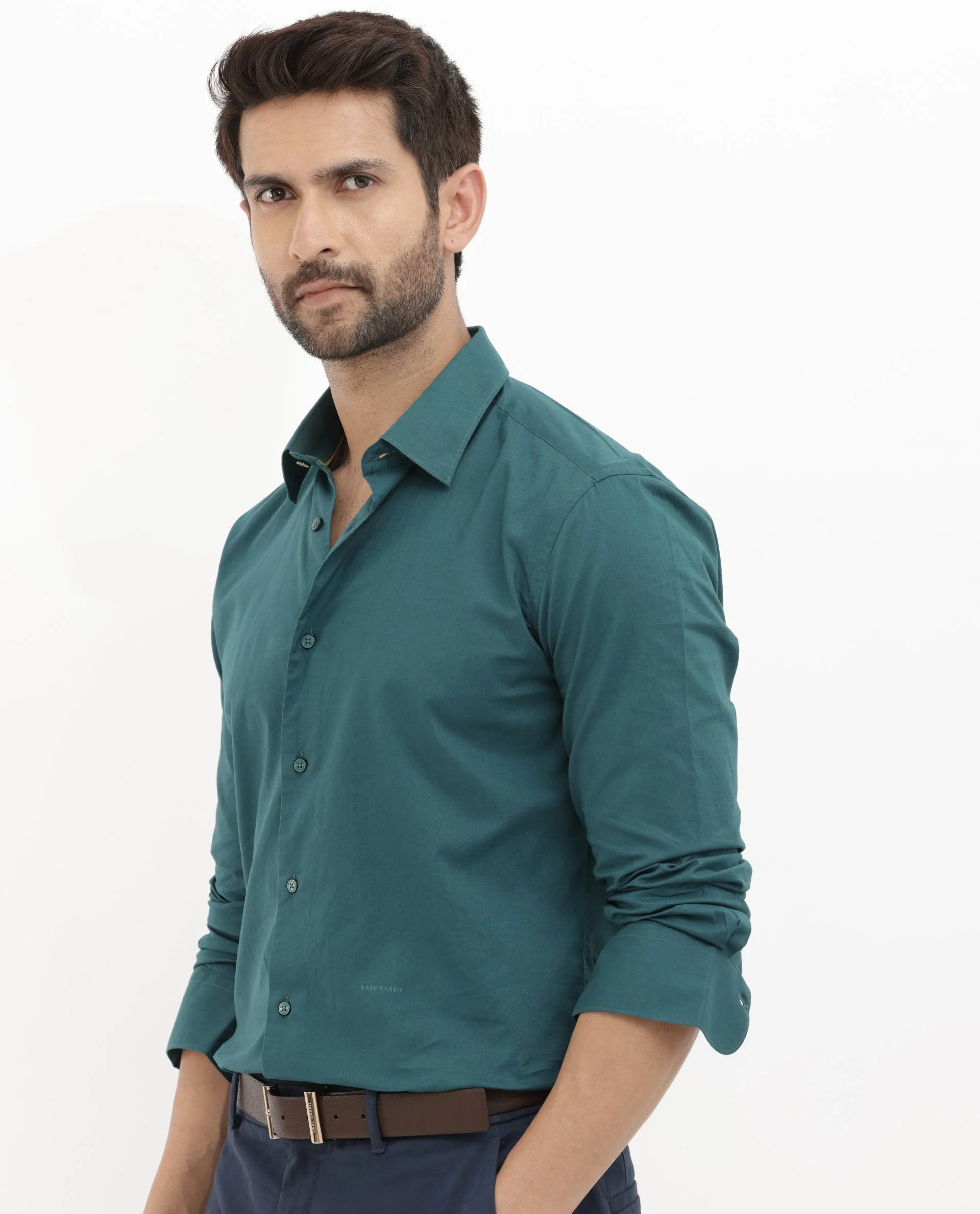 Rare Rabbit Men's Cambo Teal Cotton Plain Regular Fit Full Sleeve Spread Collar Shirt - Image 3