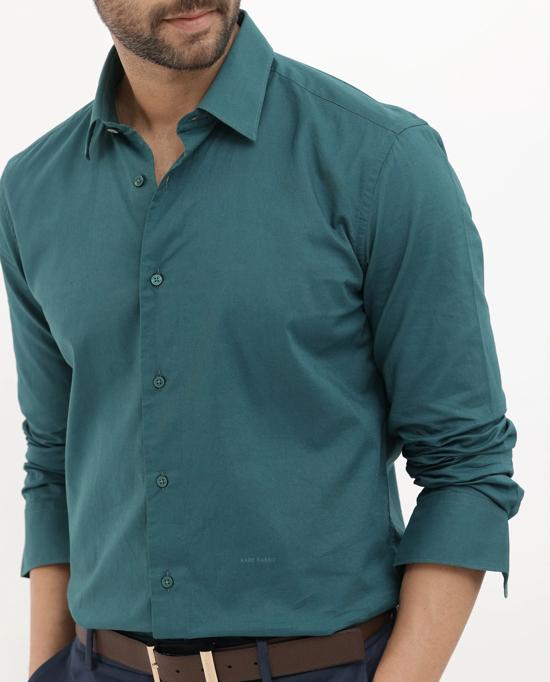 Rare Rabbit Men's Cambo Teal Cotton Plain Regular Fit Full Sleeve Spread Collar Shirt - Image 4