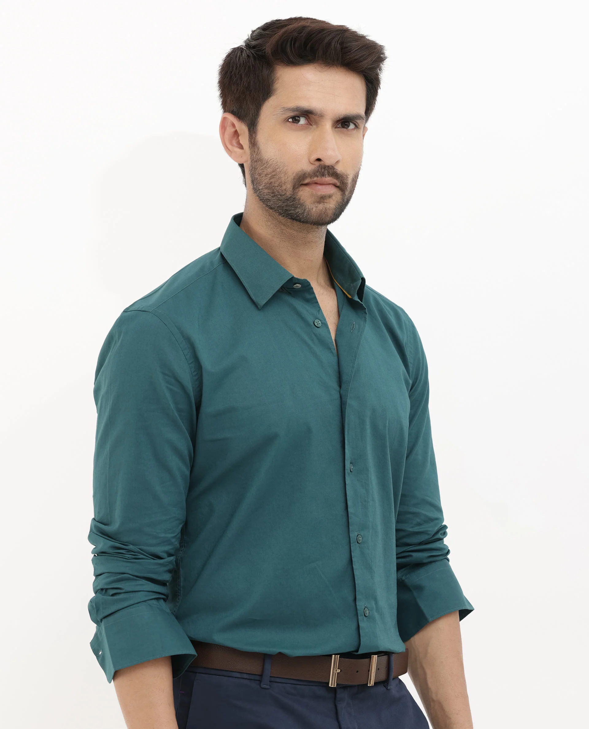 Rare Rabbit Men's Cambo Teal Cotton Plain Regular Fit Full Sleeve Spread Collar Shirt - Image 6