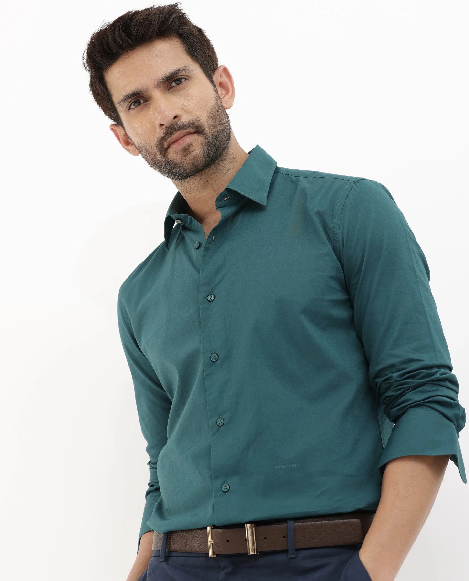 Rare Rabbit Men's Cambo Teal Cotton Plain Regular Fit Full Sleeve Spread Collar Shirt - Image 7