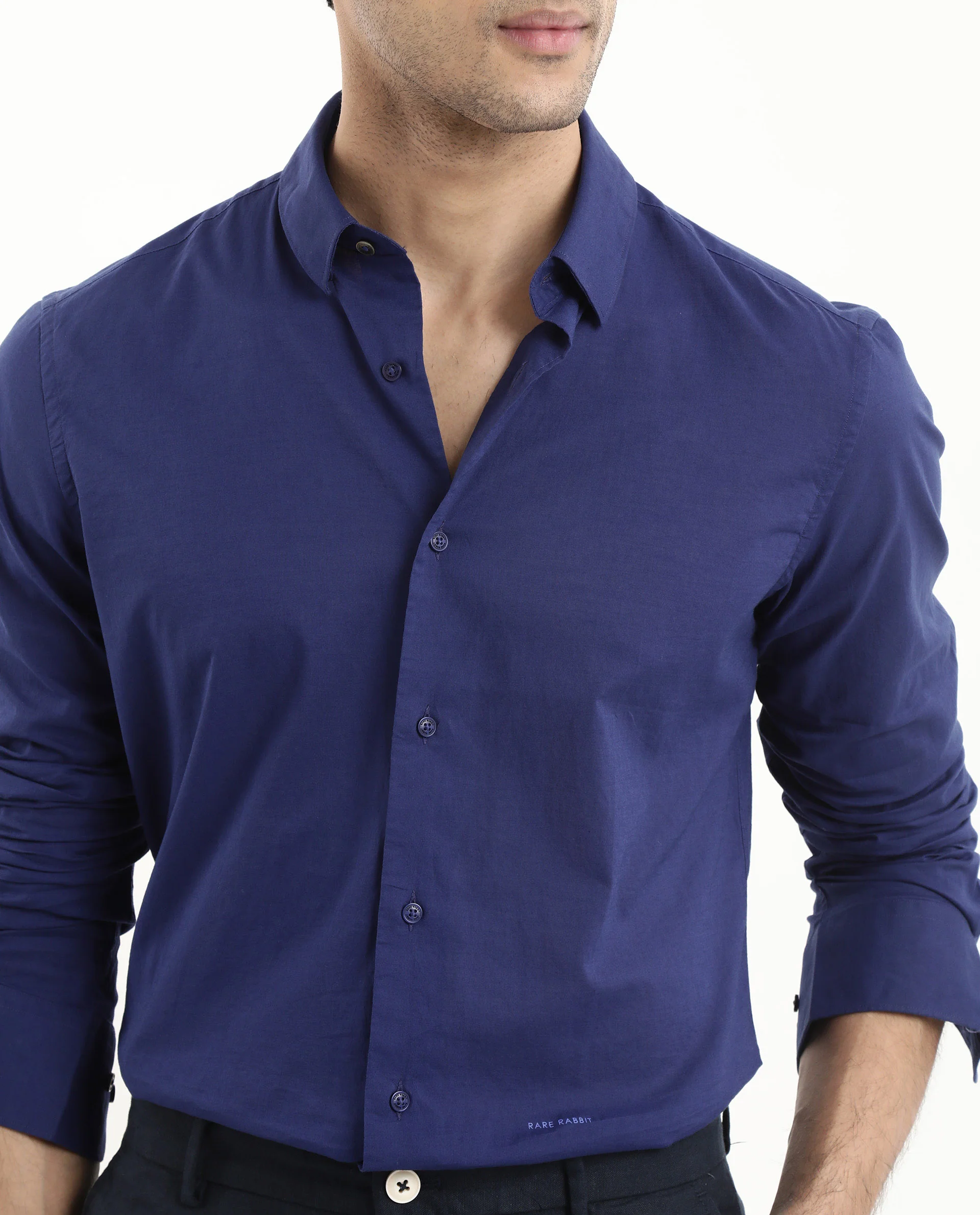 Rare Rabbit Men's Cambroc Dark Blue Cotton Plain Regular Fit Full Sleeve Collared Shirt - Image 3