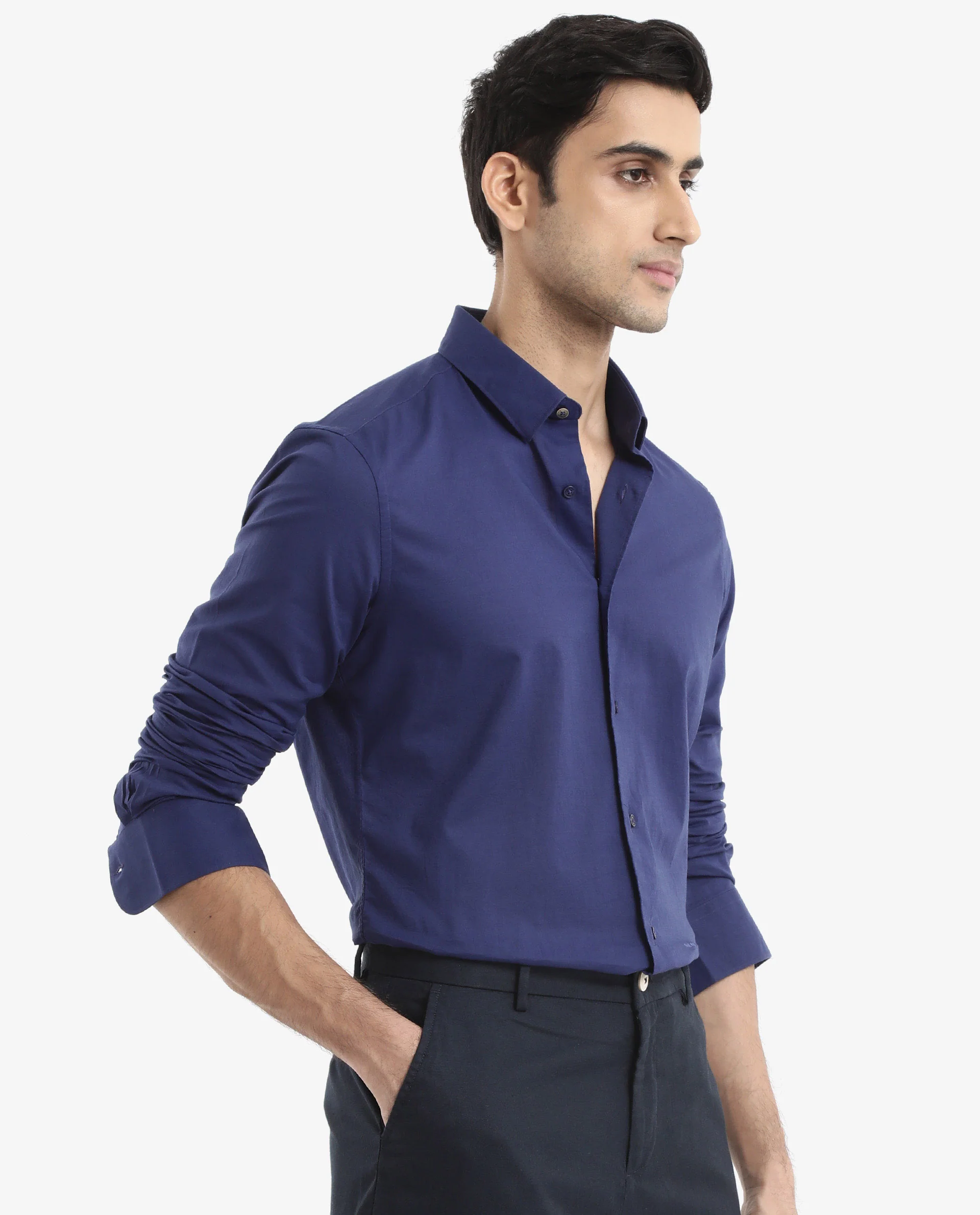 Rare Rabbit Men's Cambroc Dark Blue Cotton Plain Regular Fit Full Sleeve Collared Shirt - Image 6