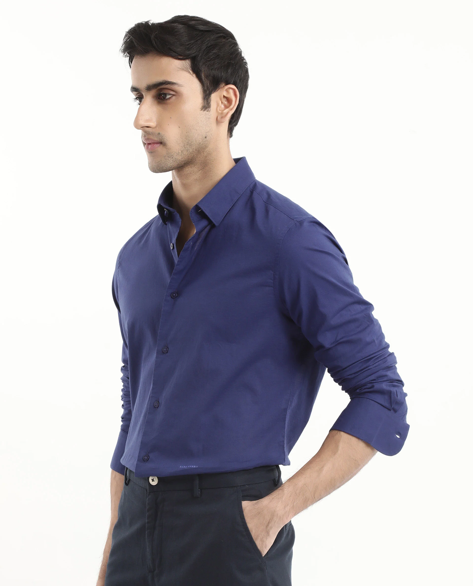 Rare Rabbit Men's Cambroc Dark Blue Cotton Plain Regular Fit Full Sleeve Collared Shirt - Image 8