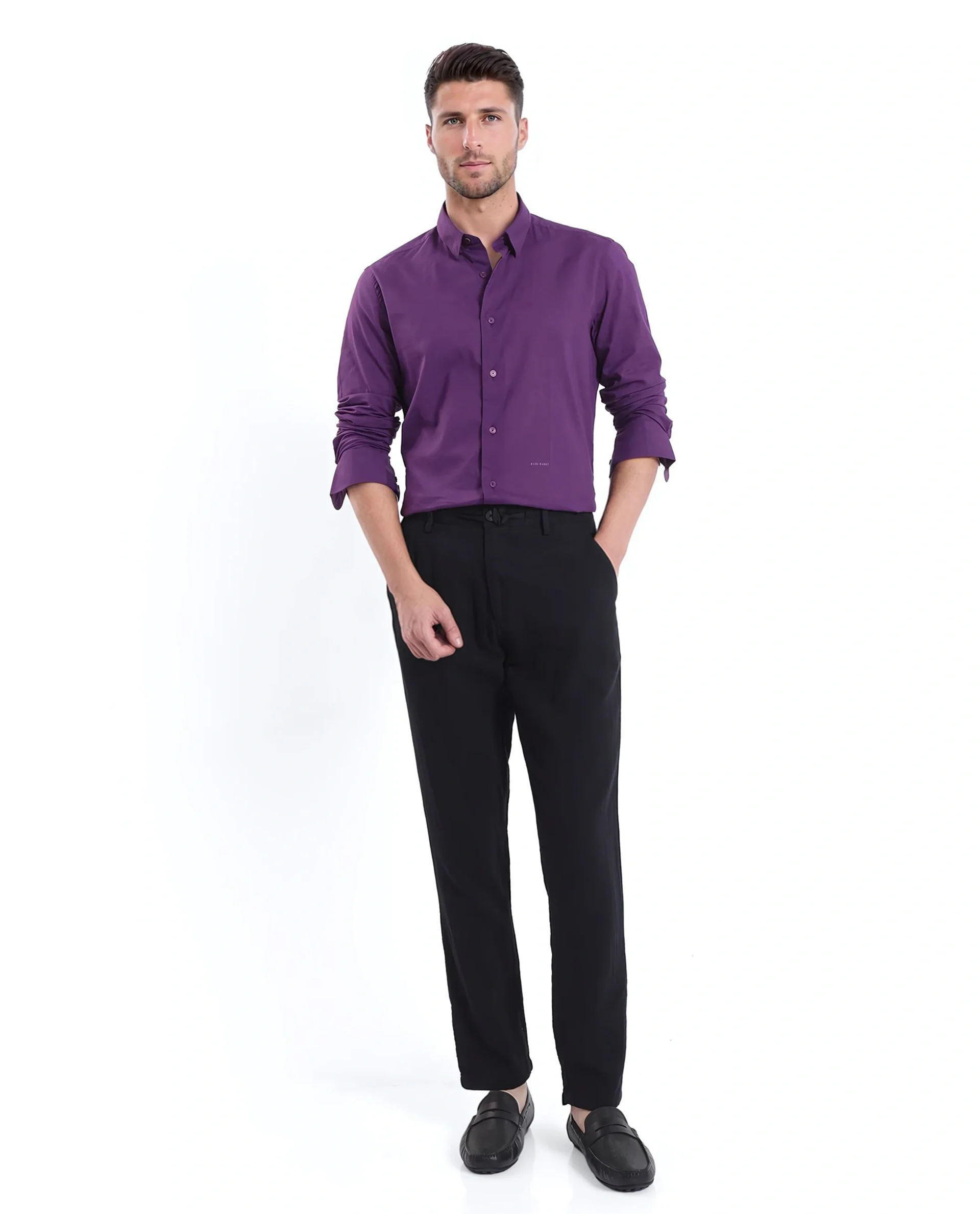 Rare Rabbit Men's Cambroc Dark Purple Cotton Plain Regular Fit Full Sleeve Collared Shirt - Image 3