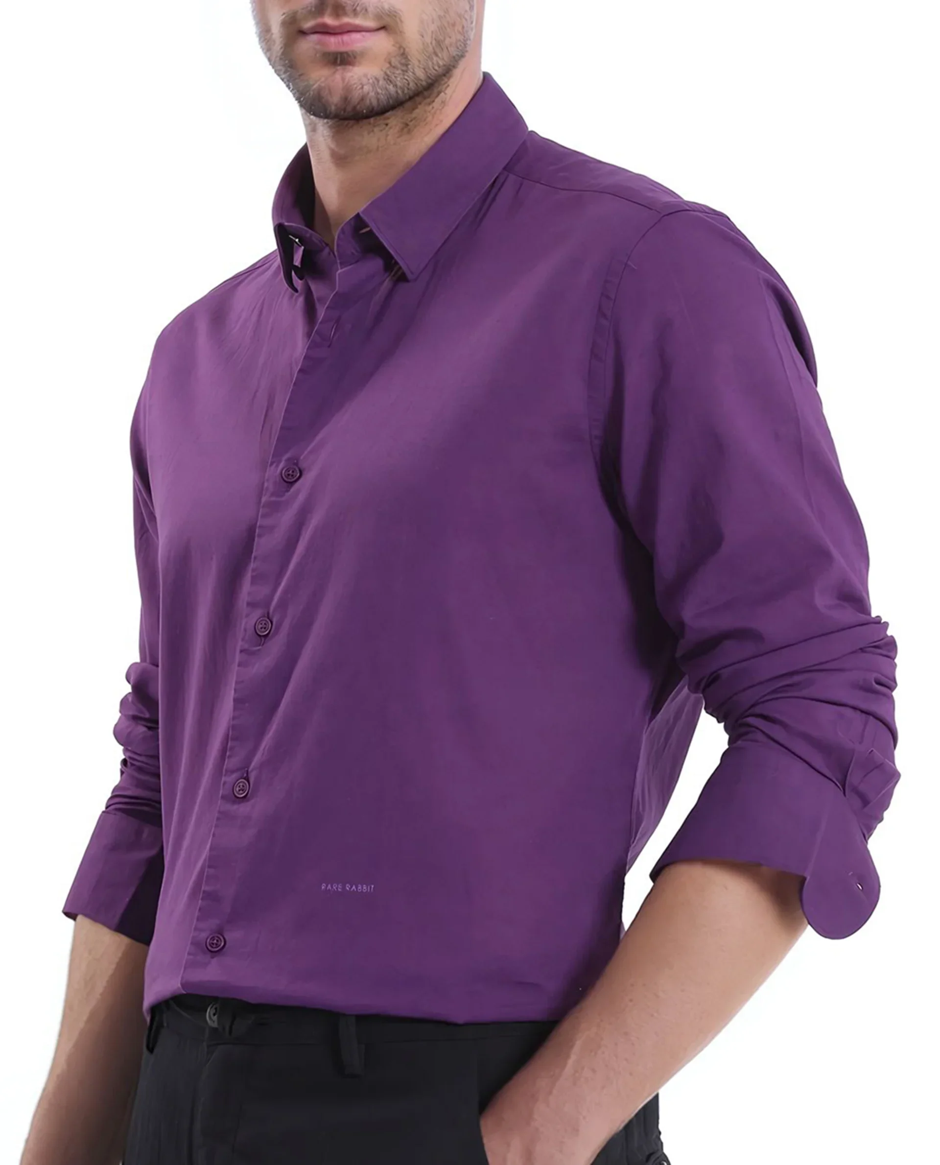 Rare Rabbit Men's Cambroc Dark Purple Cotton Plain Regular Fit Full Sleeve Collared Shirt - Image 4