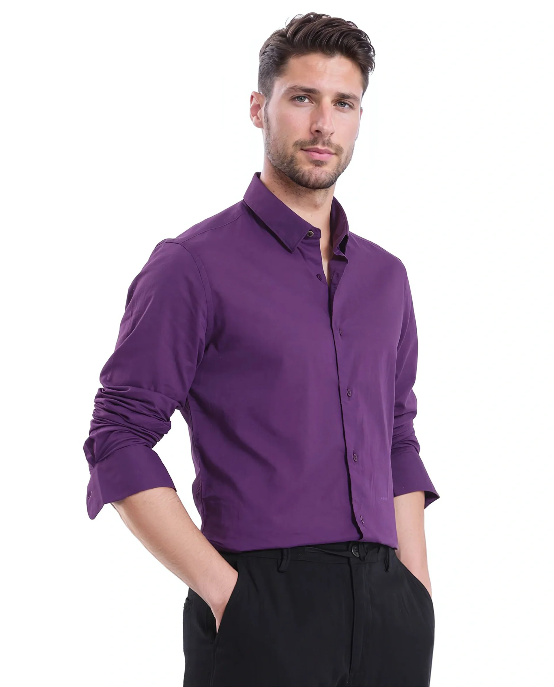 Rare Rabbit Men's Cambroc Dark Purple Cotton Plain Regular Fit Full Sleeve Collared Shirt - Image 5