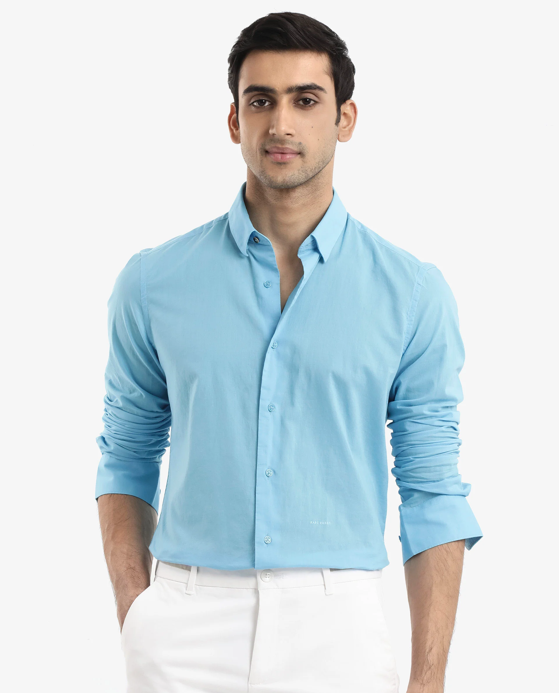 Rare Rabbit Men's Cambroc Light Blue Cotton Plain Regular Fit Full Sleeve Collared Shirt - Image 3