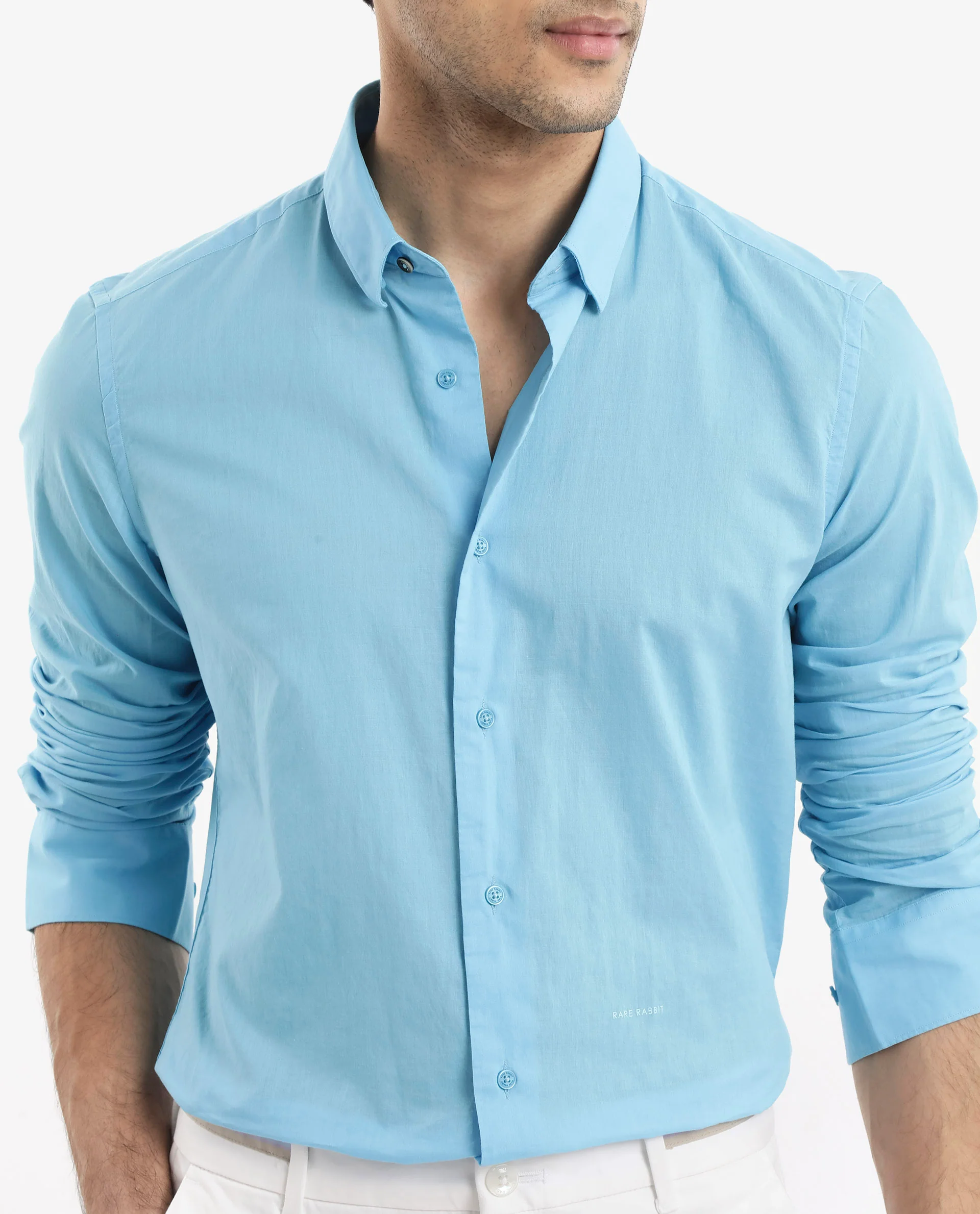 Rare Rabbit Men's Cambroc Light Blue Cotton Plain Regular Fit Full Sleeve Collared Shirt - Image 4