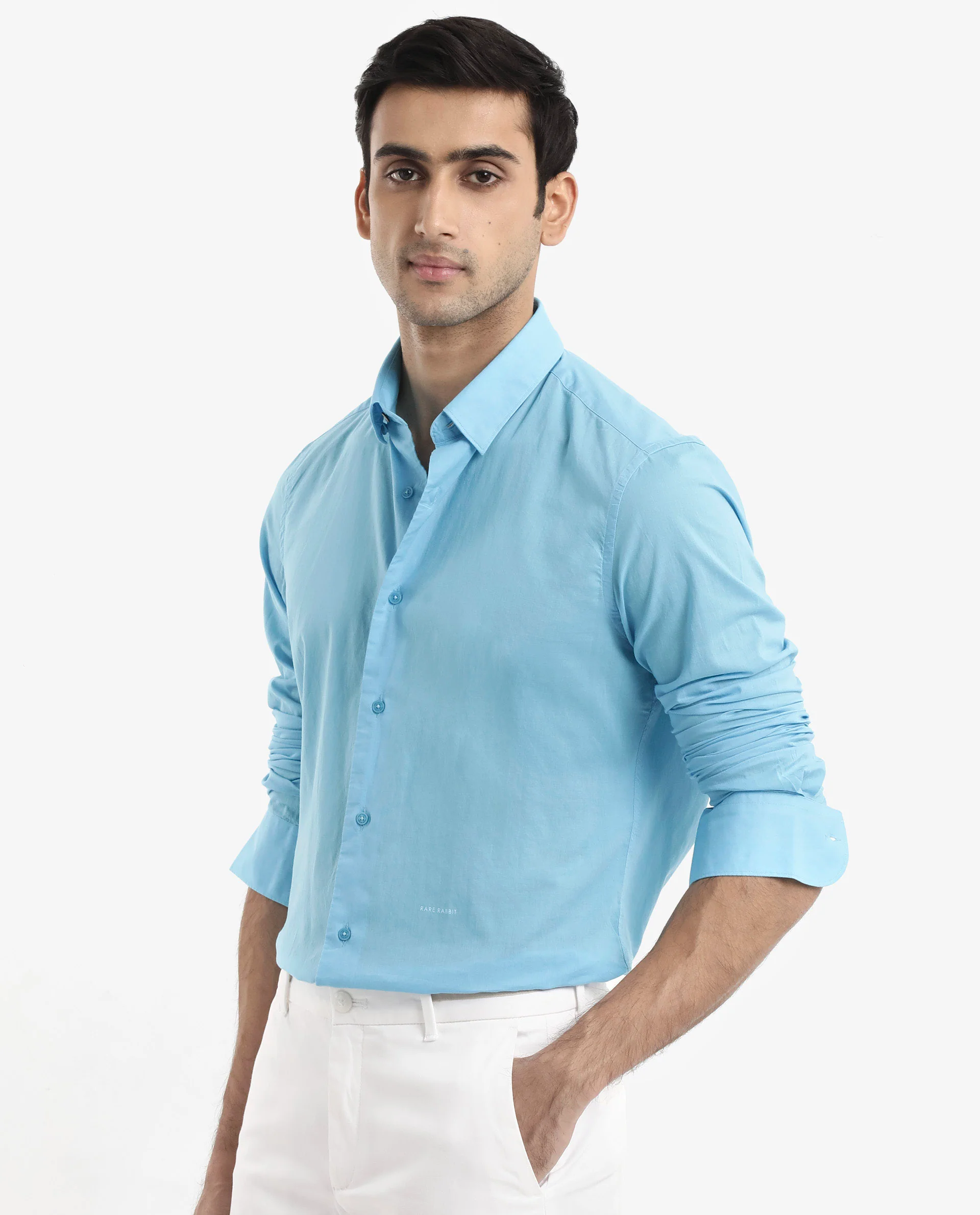 Rare Rabbit Men's Cambroc Light Blue Cotton Plain Regular Fit Full Sleeve Collared Shirt - Image 8