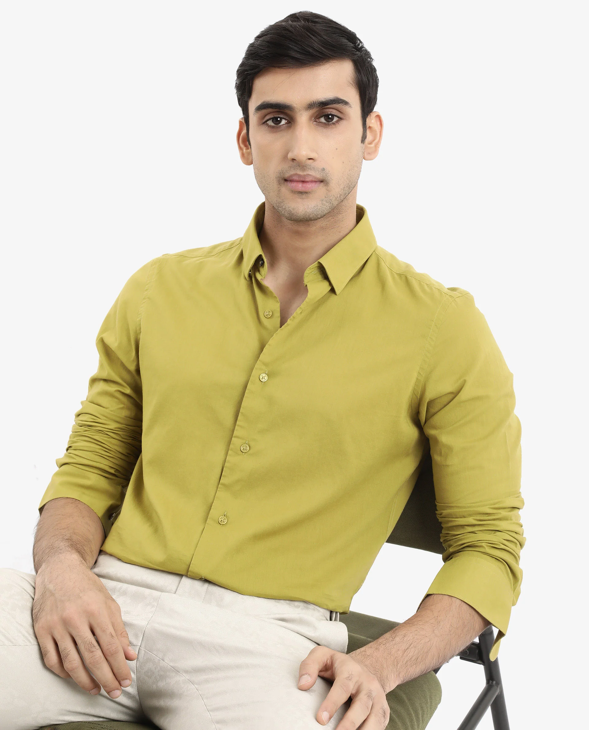 Rare Rabbit Men's Cambroc Light Olive Cotton Plain Regular Fit Full Sleeve Collared Shirt