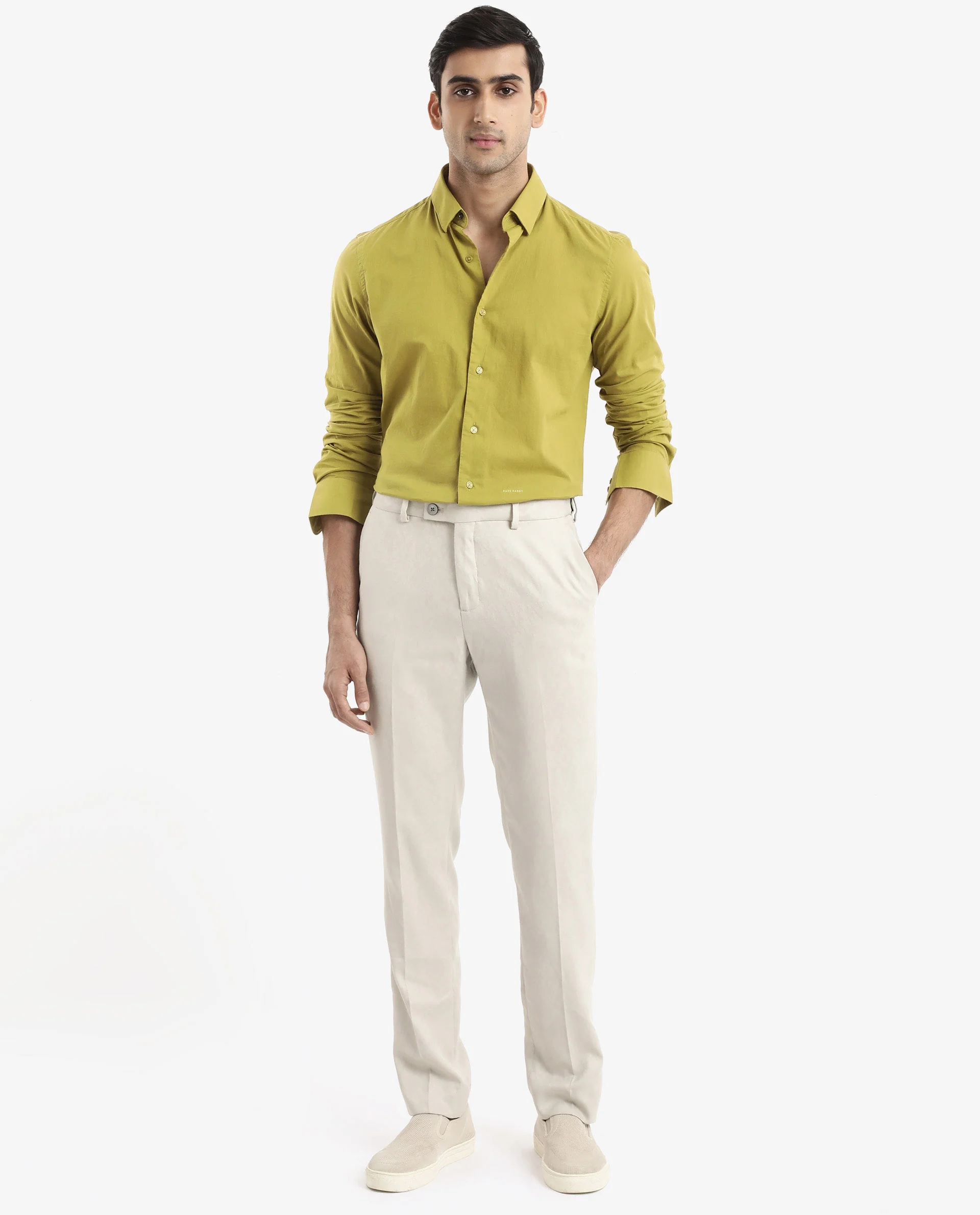 Rare Rabbit Men's Cambroc Light Olive Cotton Plain Regular Fit Full Sleeve Collared Shirt - Image 2