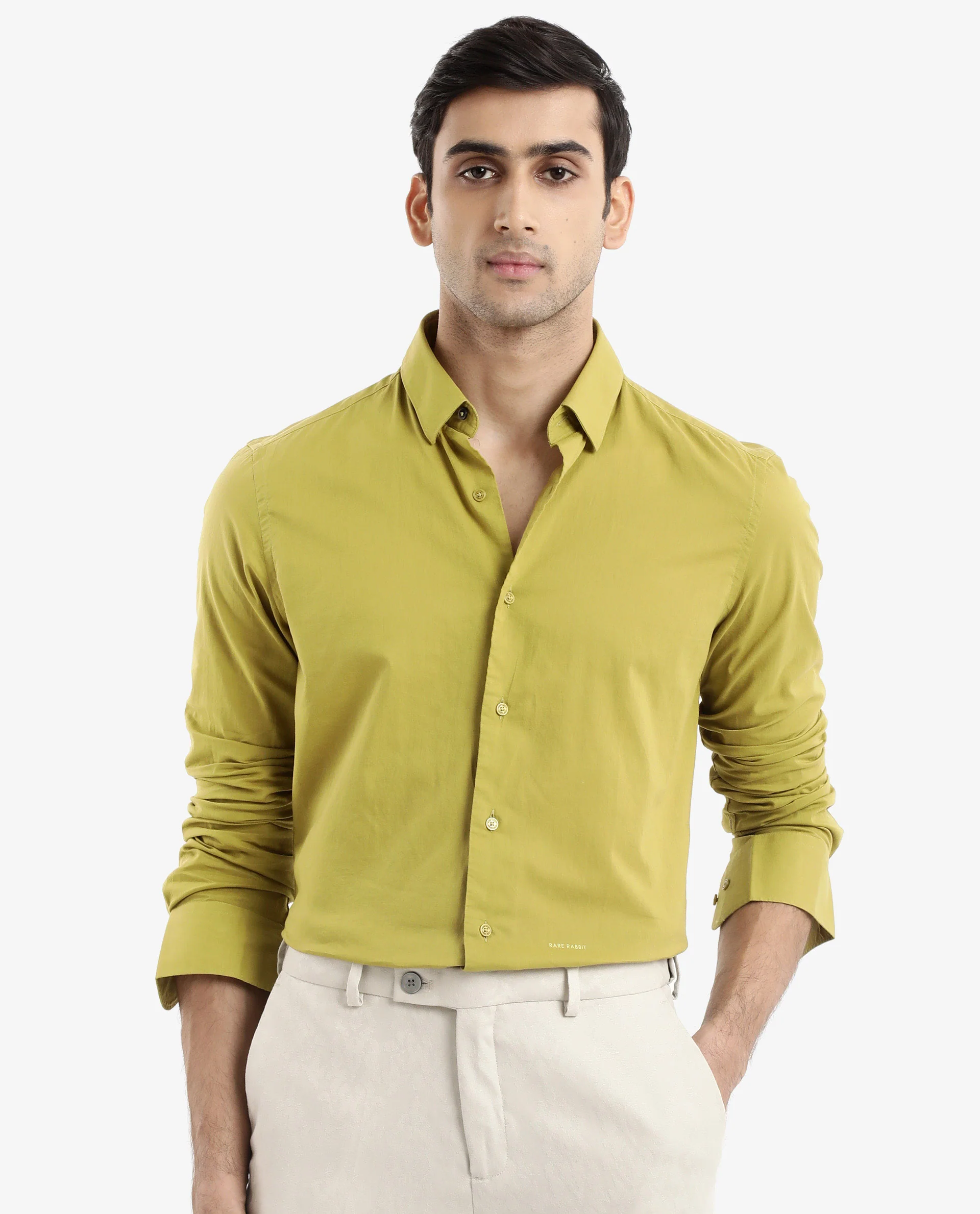 Rare Rabbit Men's Cambroc Light Olive Cotton Plain Regular Fit Full Sleeve Collared Shirt - Image 3