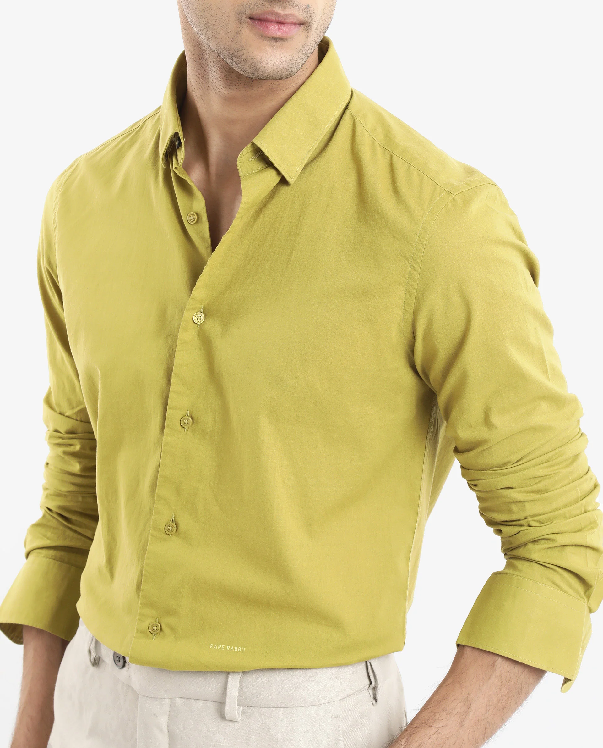 Rare Rabbit Men's Cambroc Light Olive Cotton Plain Regular Fit Full Sleeve Collared Shirt - Image 4