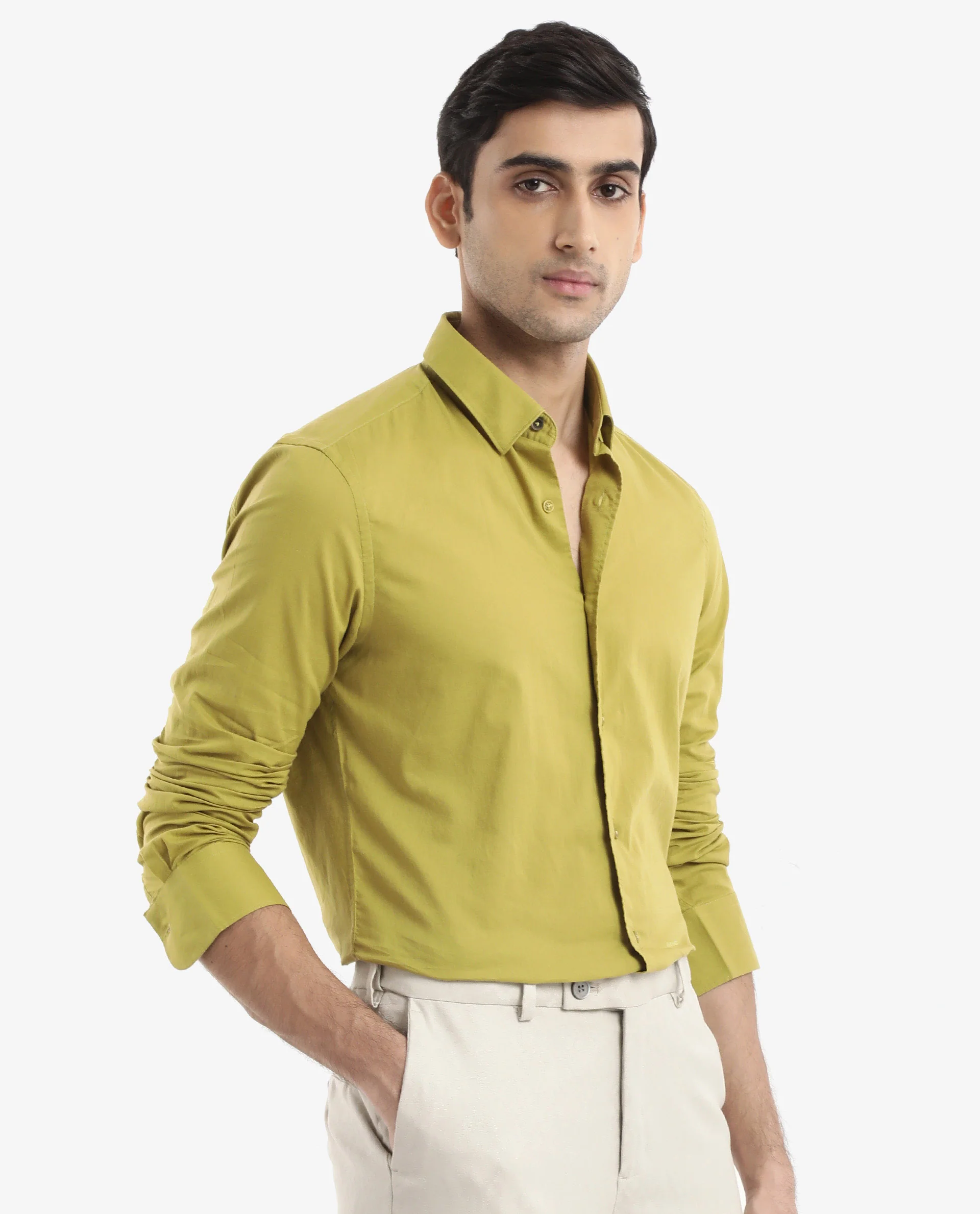 Rare Rabbit Men's Cambroc Light Olive Cotton Plain Regular Fit Full Sleeve Collared Shirt - Image 7