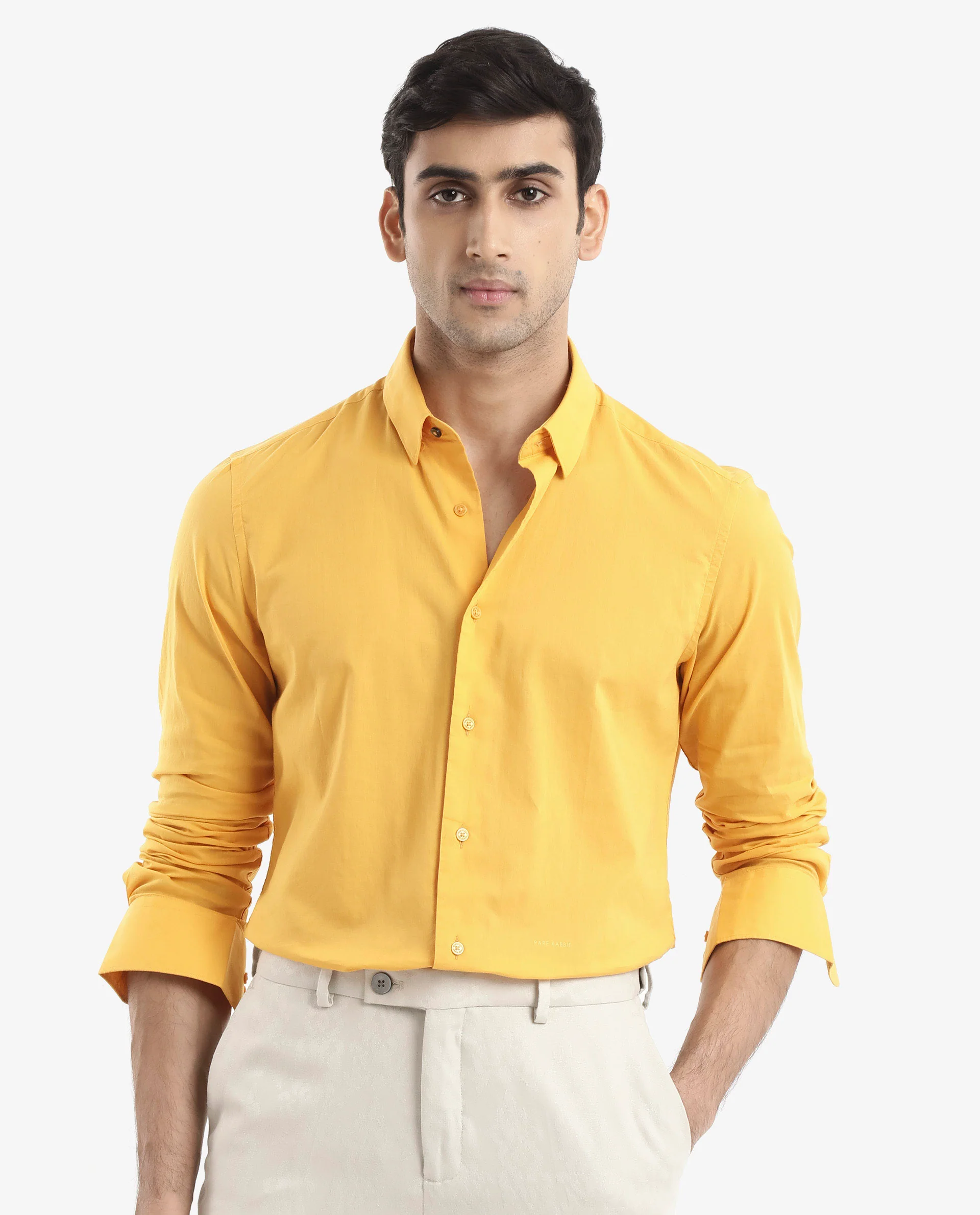 Rare Rabbit Men's Cambroc Mustard Cotton Plain Regular Fit Full Sleeve Collared Shirt
