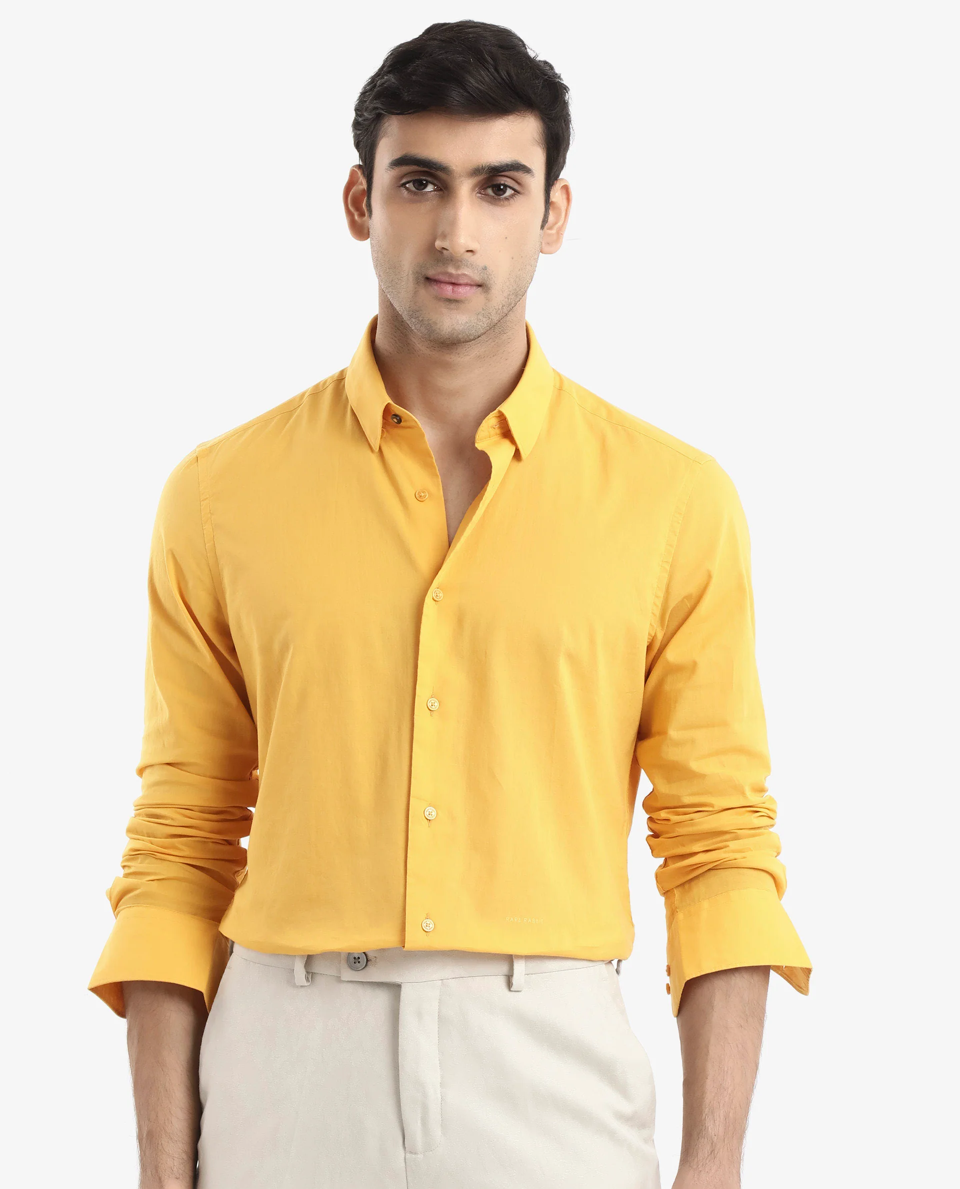 Rare Rabbit Men's Cambroc Mustard Cotton Plain Regular Fit Full Sleeve Collared Shirt - Image 3