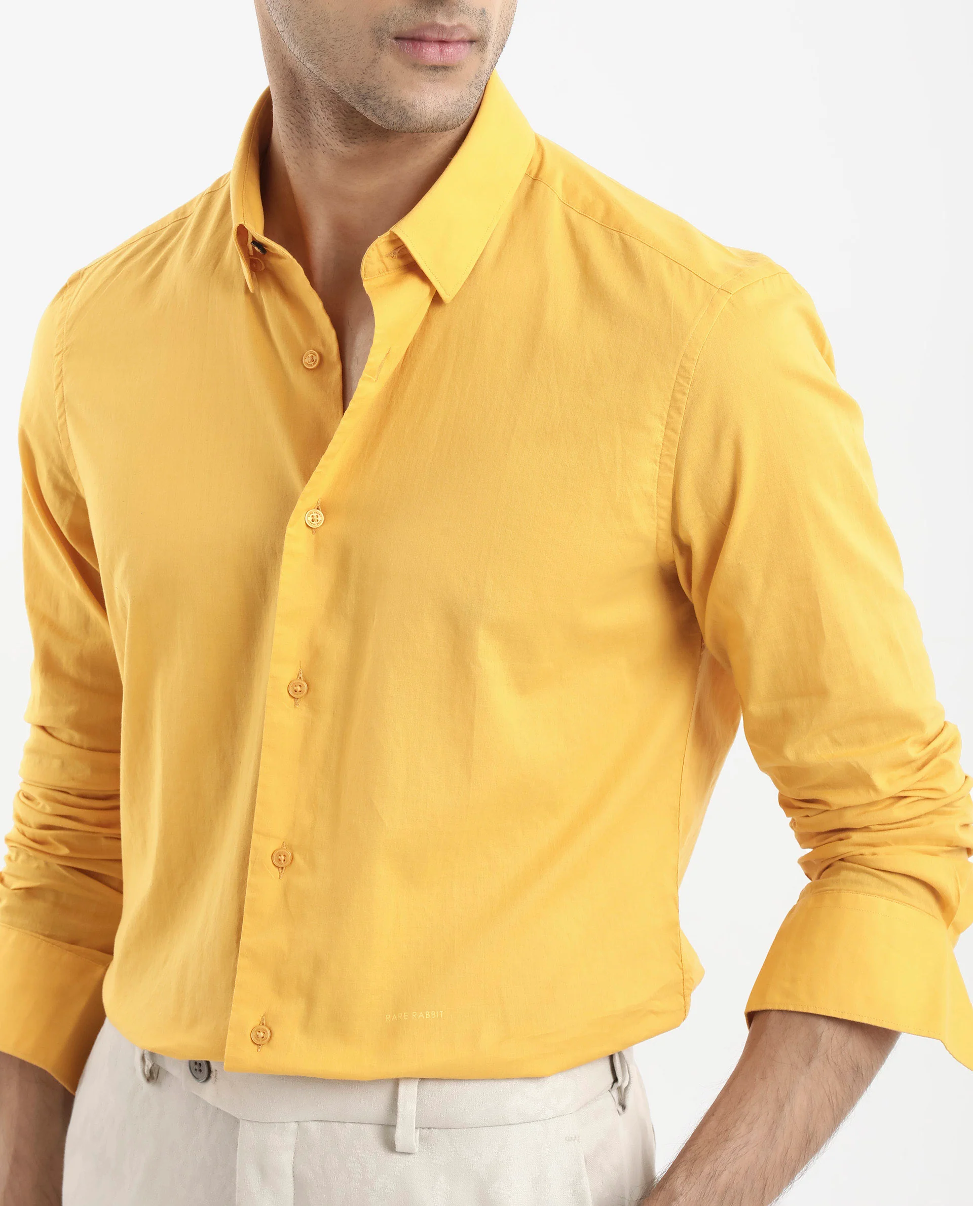 Rare Rabbit Men's Cambroc Mustard Cotton Plain Regular Fit Full Sleeve Collared Shirt - Image 4