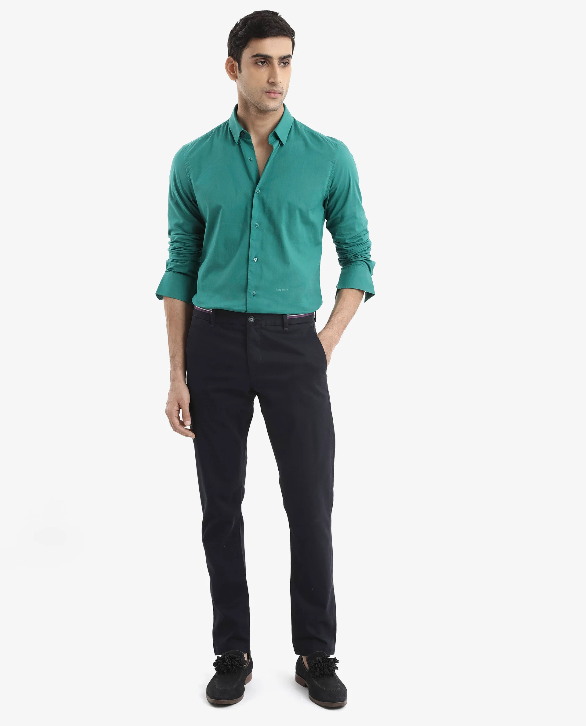 Rare Rabbit Men's Cambroc Teal Cotton Plain Regular Fit Full Sleeve Collared Shirt - Image 2