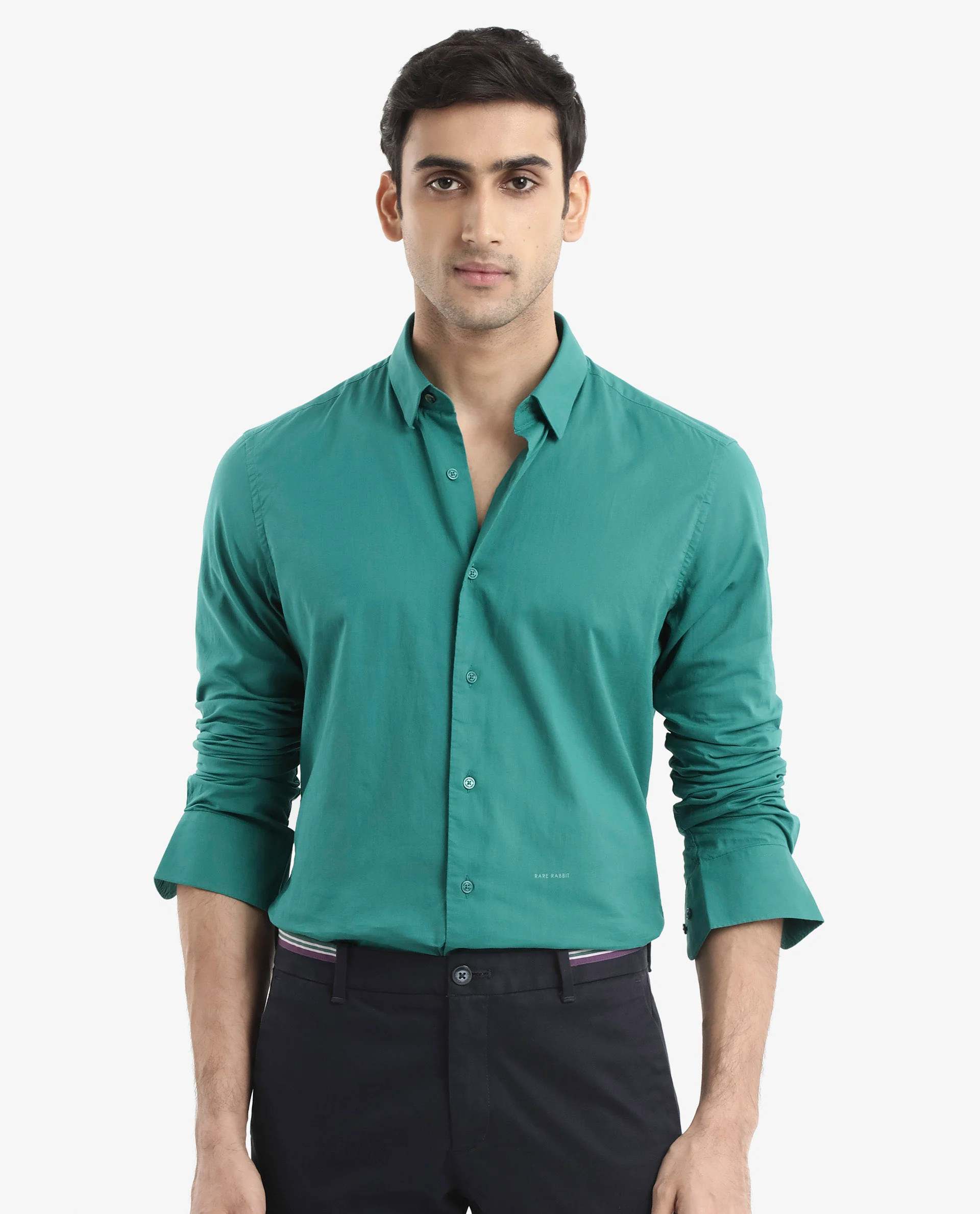 Rare Rabbit Men's Cambroc Teal Cotton Plain Regular Fit Full Sleeve Collared Shirt - Image 3