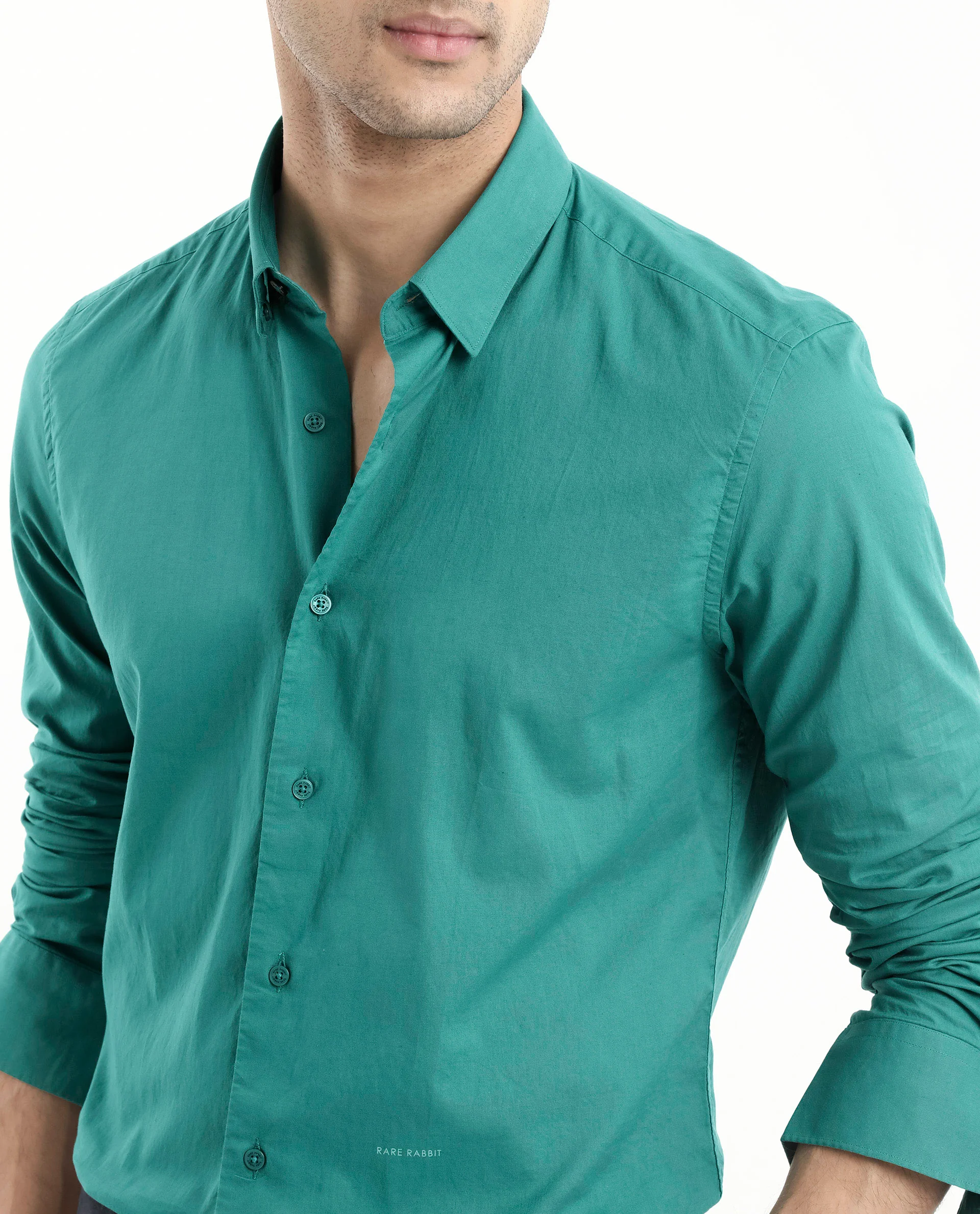Rare Rabbit Men's Cambroc Teal Cotton Plain Regular Fit Full Sleeve Collared Shirt - Image 4