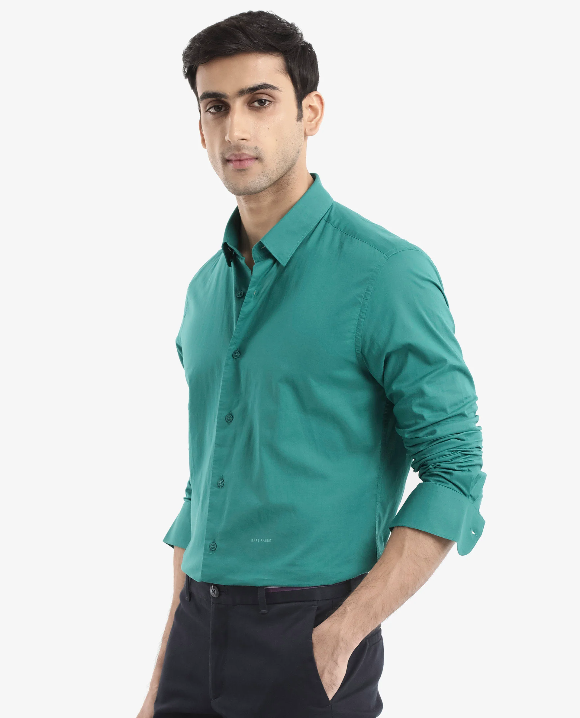 Rare Rabbit Men's Cambroc Teal Cotton Plain Regular Fit Full Sleeve Collared Shirt - Image 8