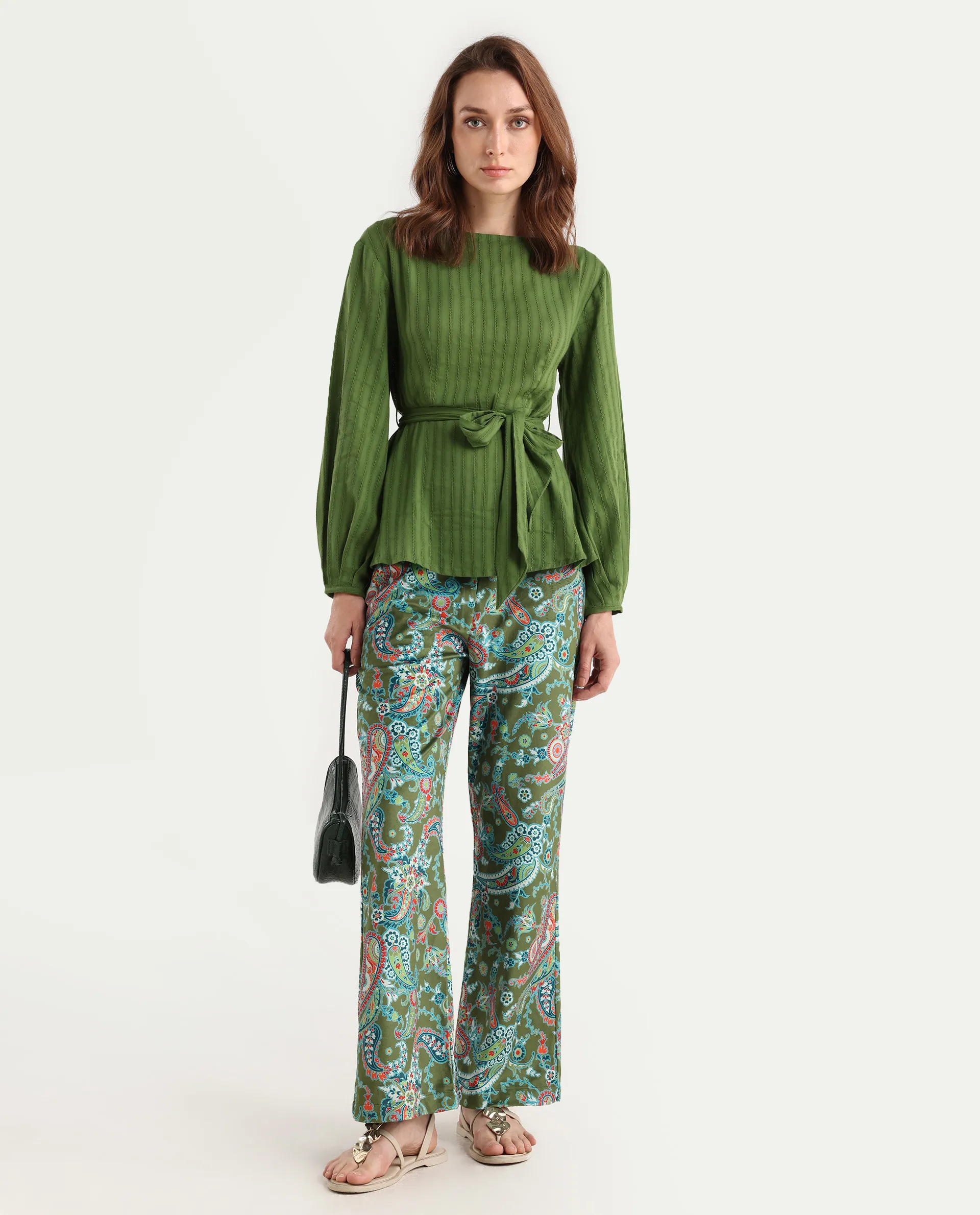 Rareism Women's Camder B Multi Velvet Paisley Print Ankle Length Bootcut Trouser
