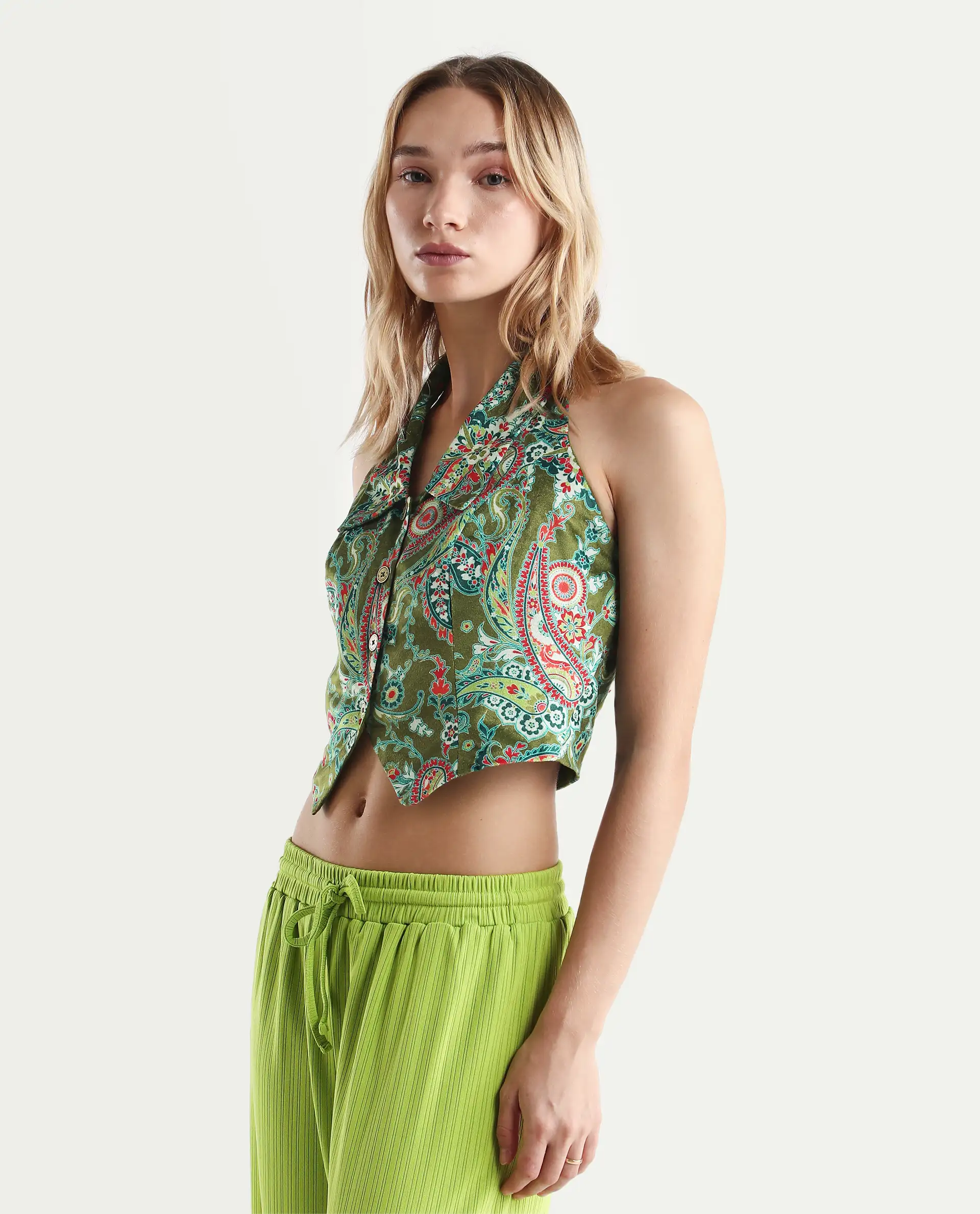 Rareism Women's Camder Multi Velvet Halter Neck Paisley Print Sleeveless Crop Polyester Waist Coat - Image 5