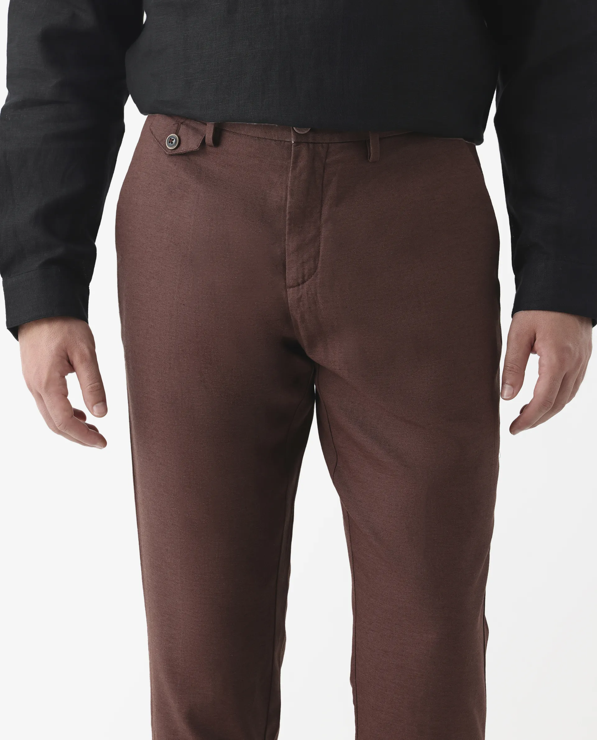 Rare Rabbit Men's Cameo Maroon 100% Linen Plain Regular Fit Trouser - Image 3