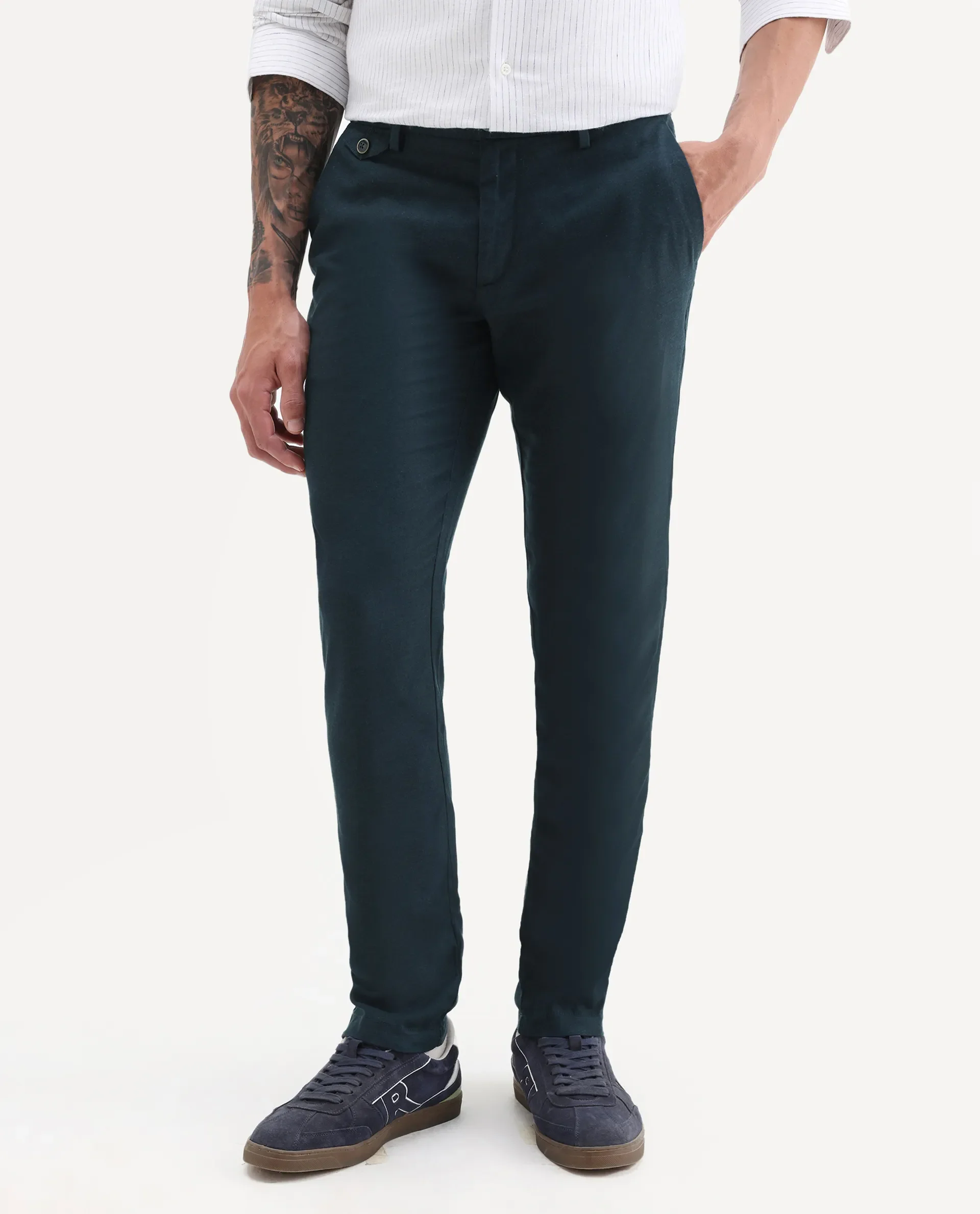 Rare Rabbit Men's Cameo Navy Linen Plain Regular Fit Trouser - Image 2