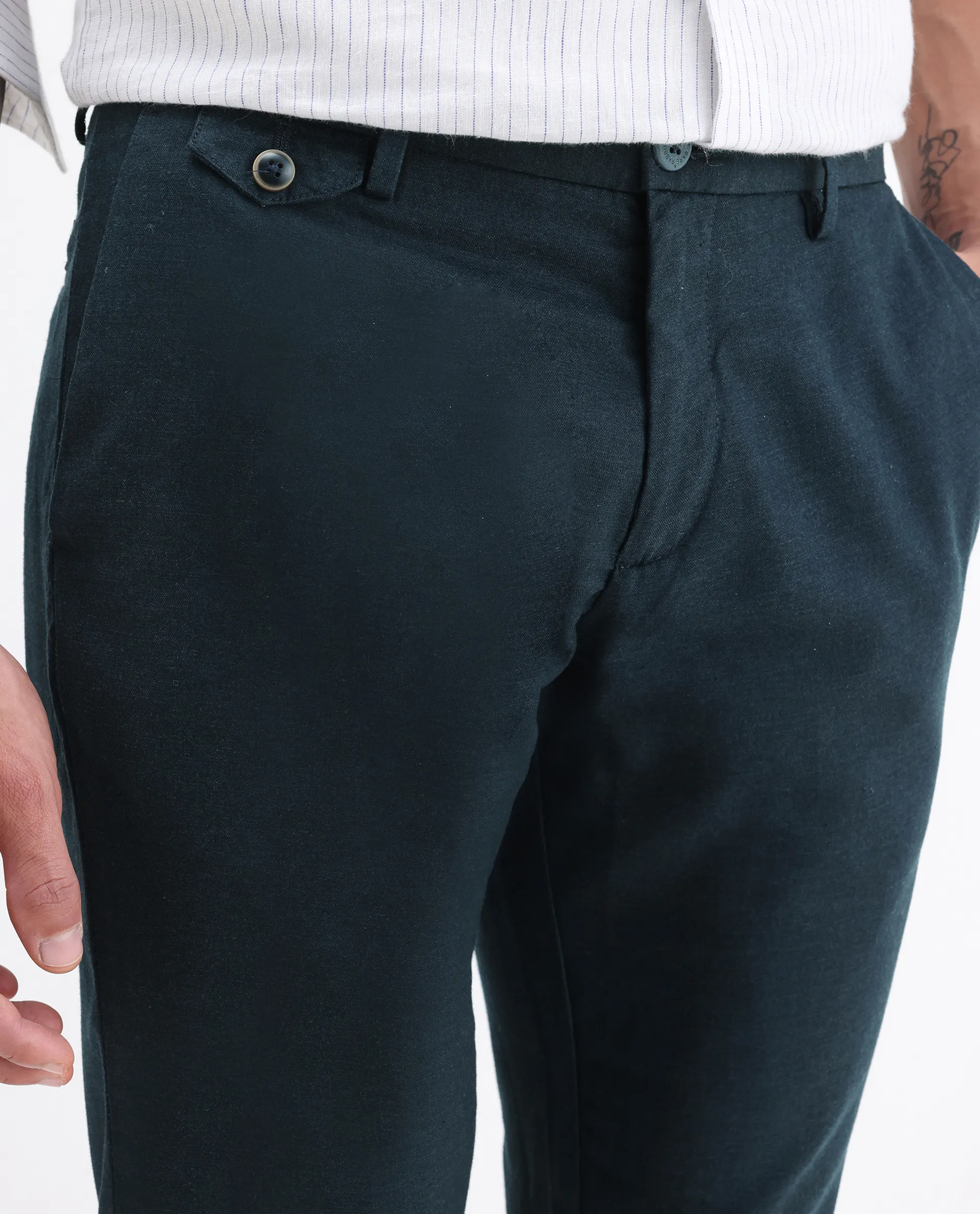 Rare Rabbit Men's Cameo Navy Linen Plain Regular Fit Trouser - Image 3