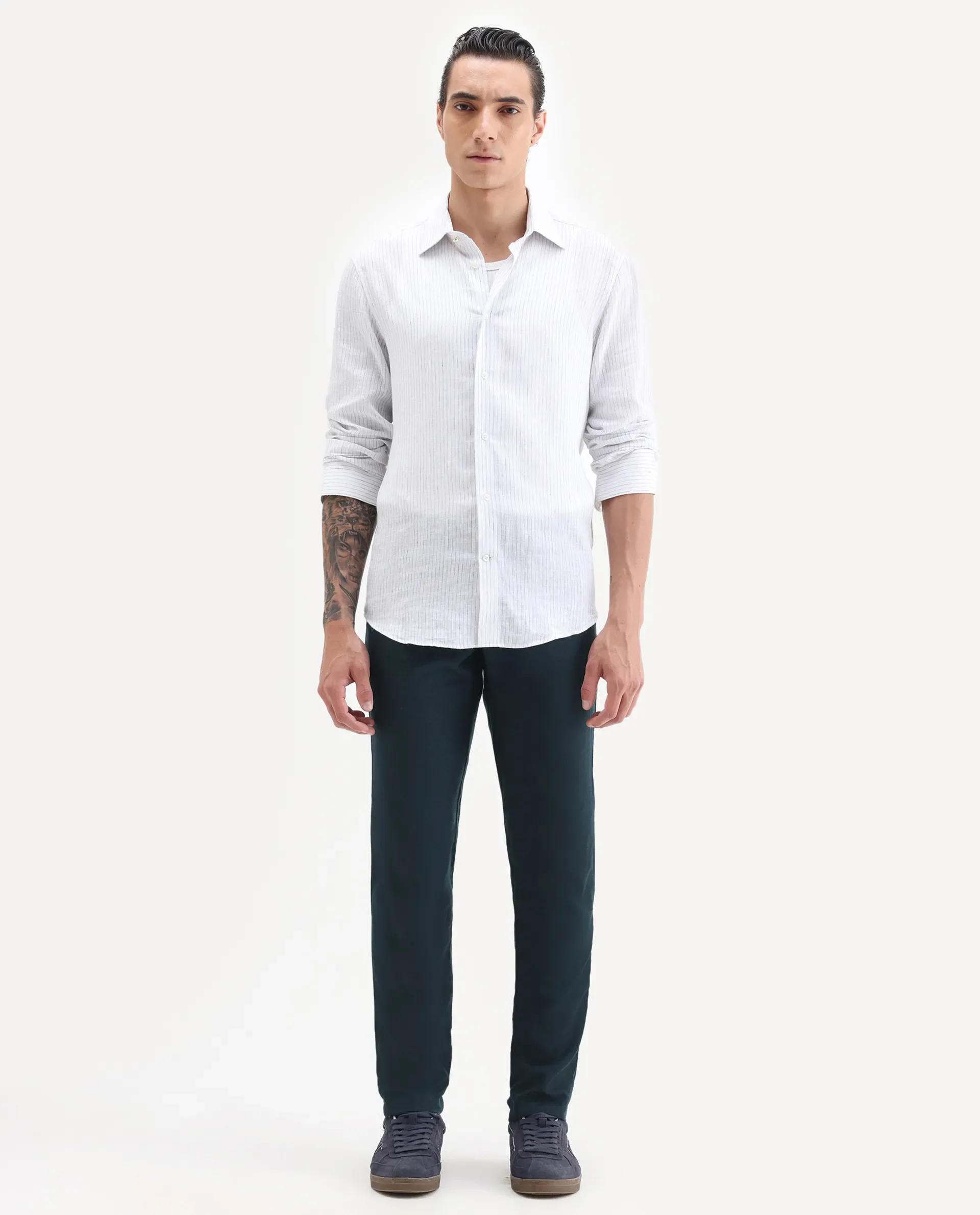 Rare Rabbit Men's Cameo Navy Linen Plain Regular Fit Trouser - Image 4