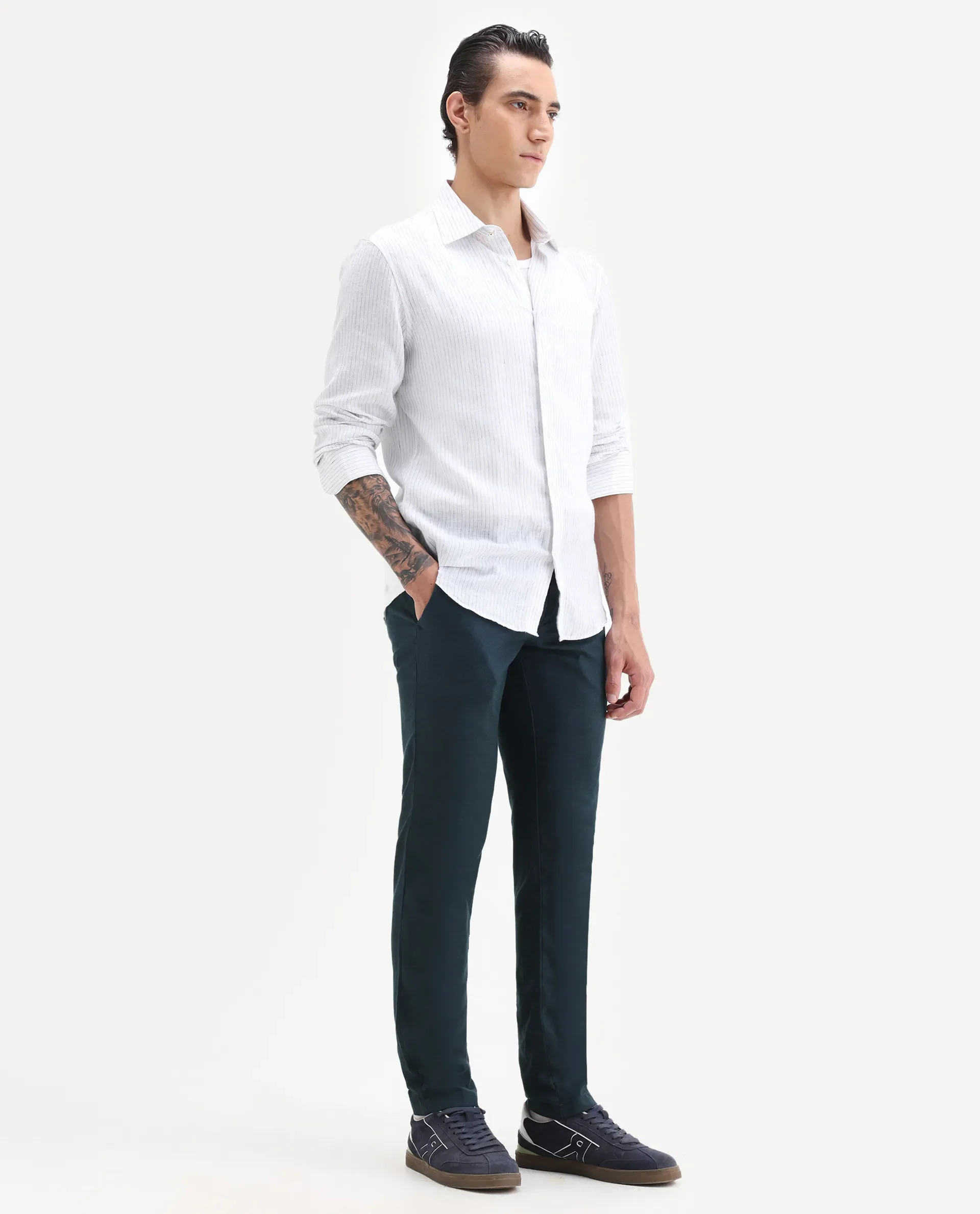 Rare Rabbit Men's Cameo Navy Linen Plain Regular Fit Trouser - Image 6
