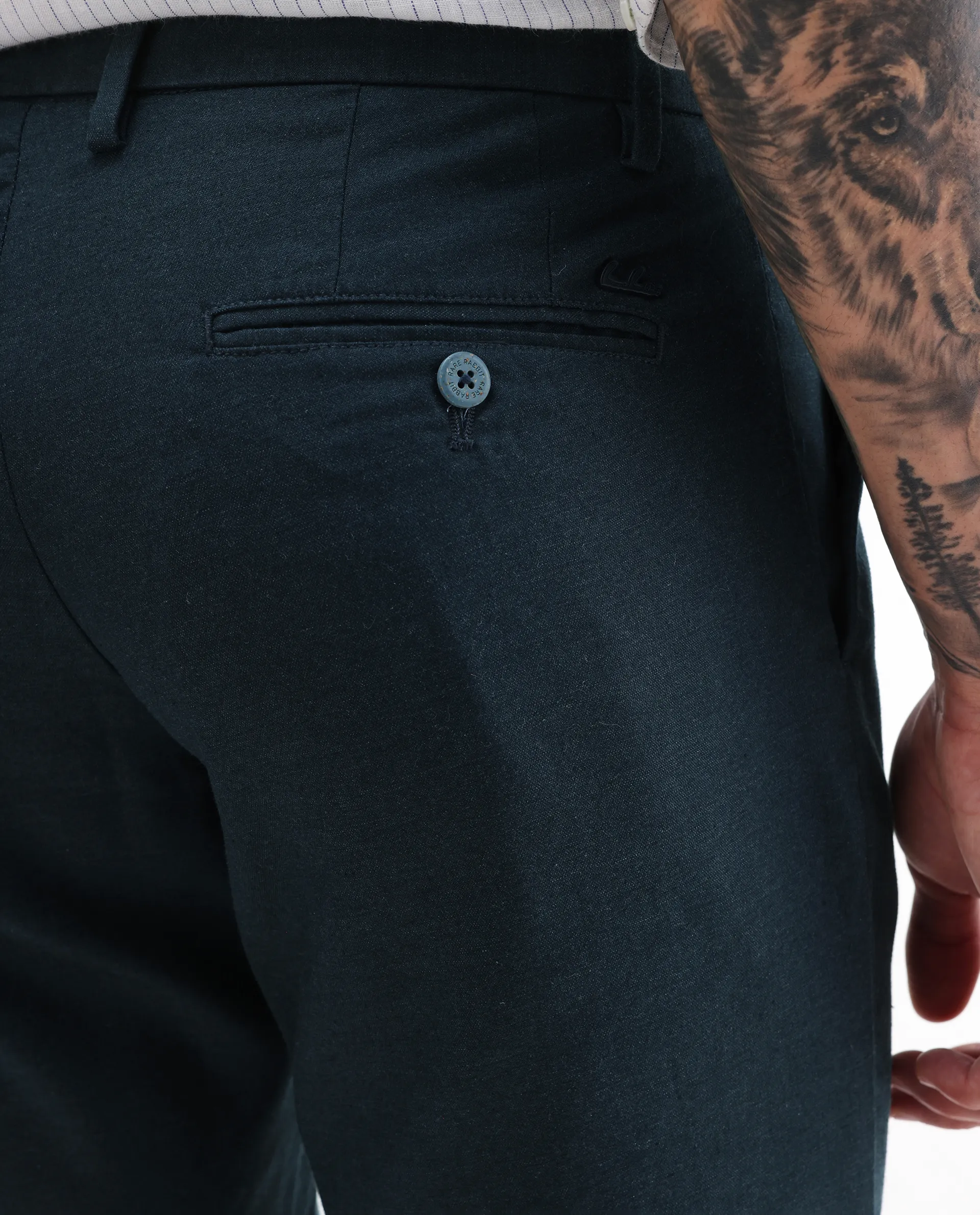 Rare Rabbit Men's Cameo Navy Linen Plain Regular Fit Trouser - Image 7
