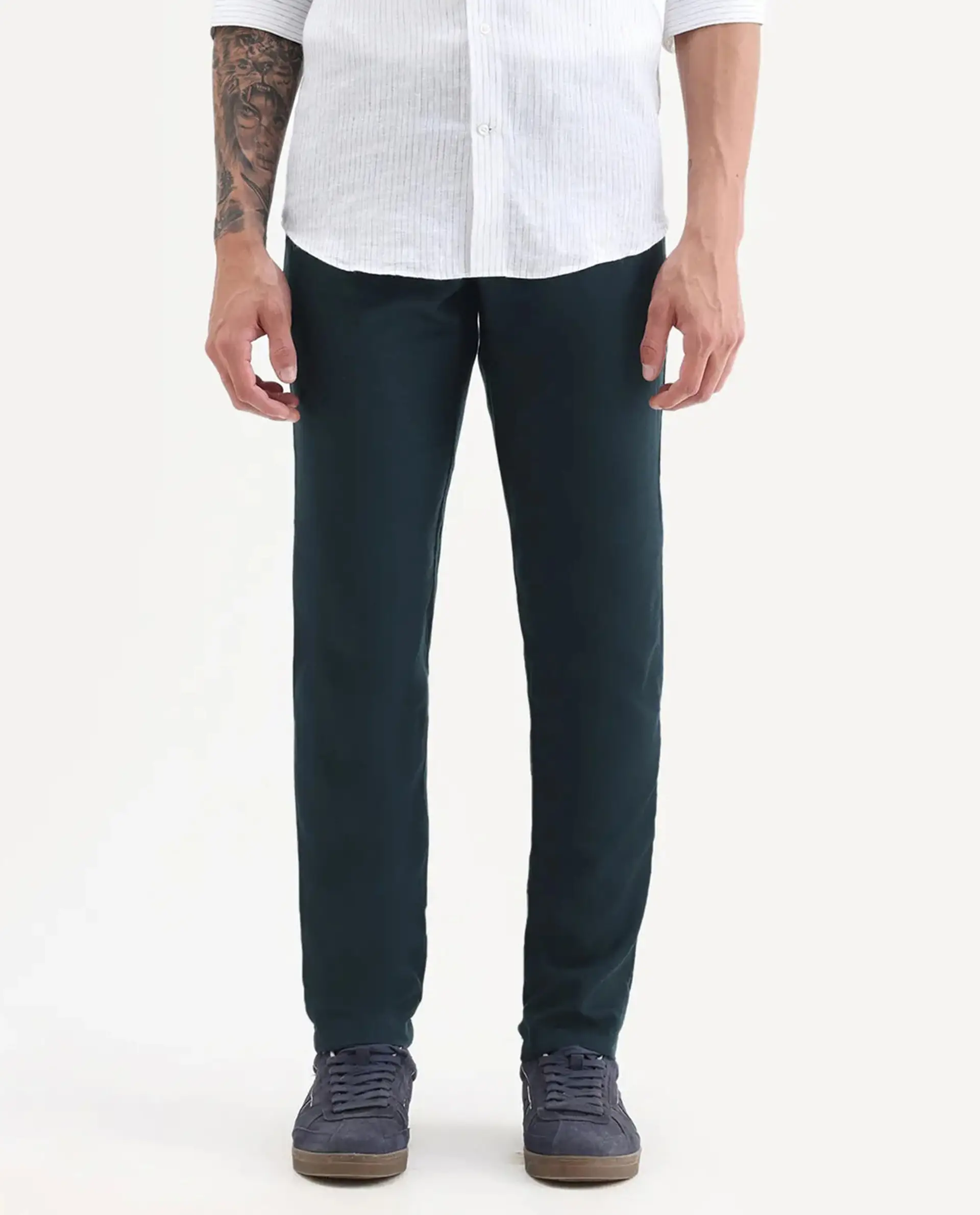 Rare Rabbit Men's Cameo Navy Linen Plain Regular Fit Trouser - Image 9