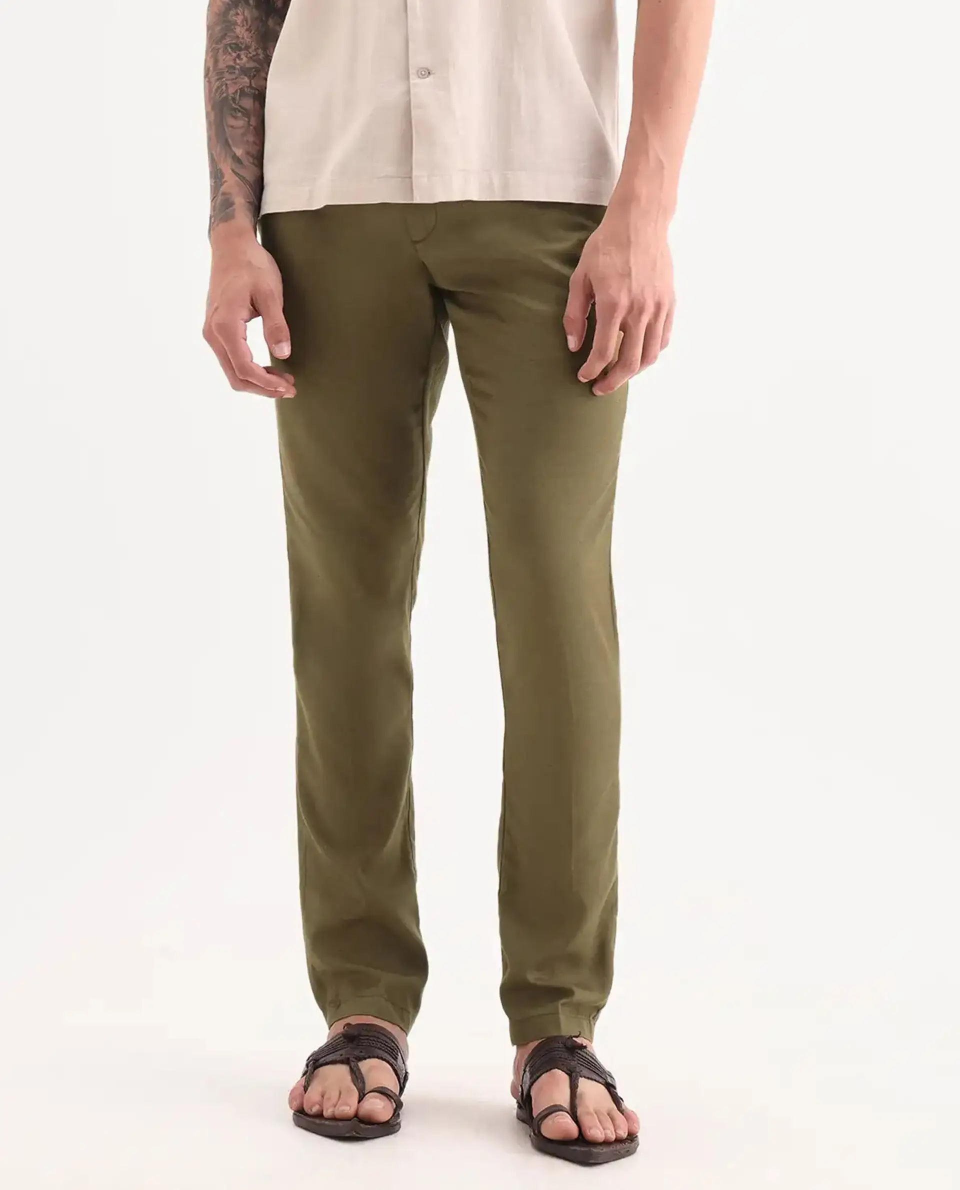 Rare Rabbit Men's Cameo Olive Linen Plain Regular Fit Trouser - Image 10