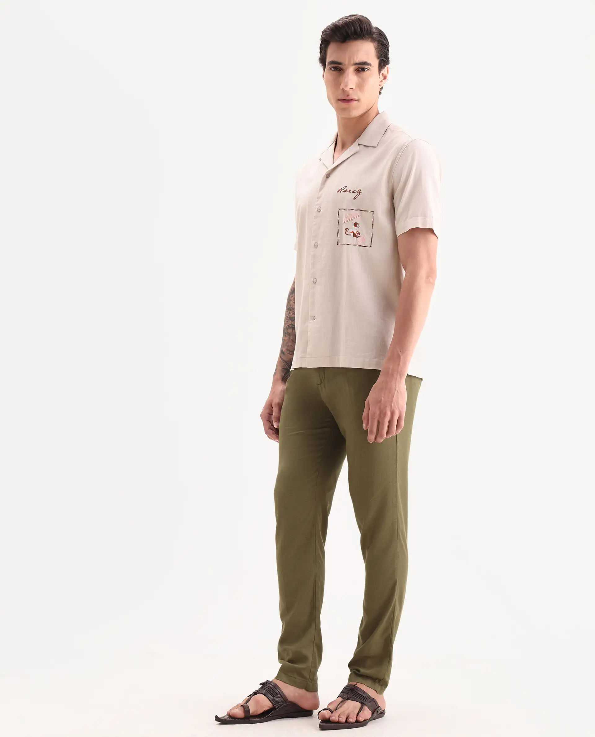 Rare Rabbit Men's Cameo Olive Linen Plain Regular Fit Trouser - Image 4