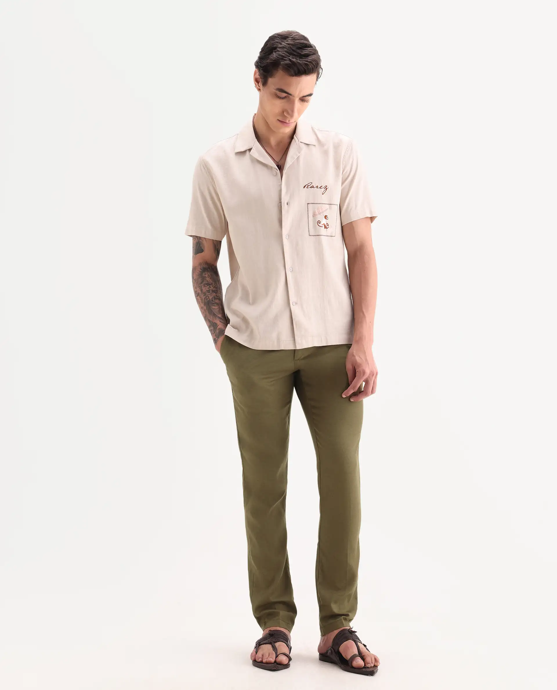 Rare Rabbit Men's Cameo Olive Linen Plain Regular Fit Trouser - Image 5