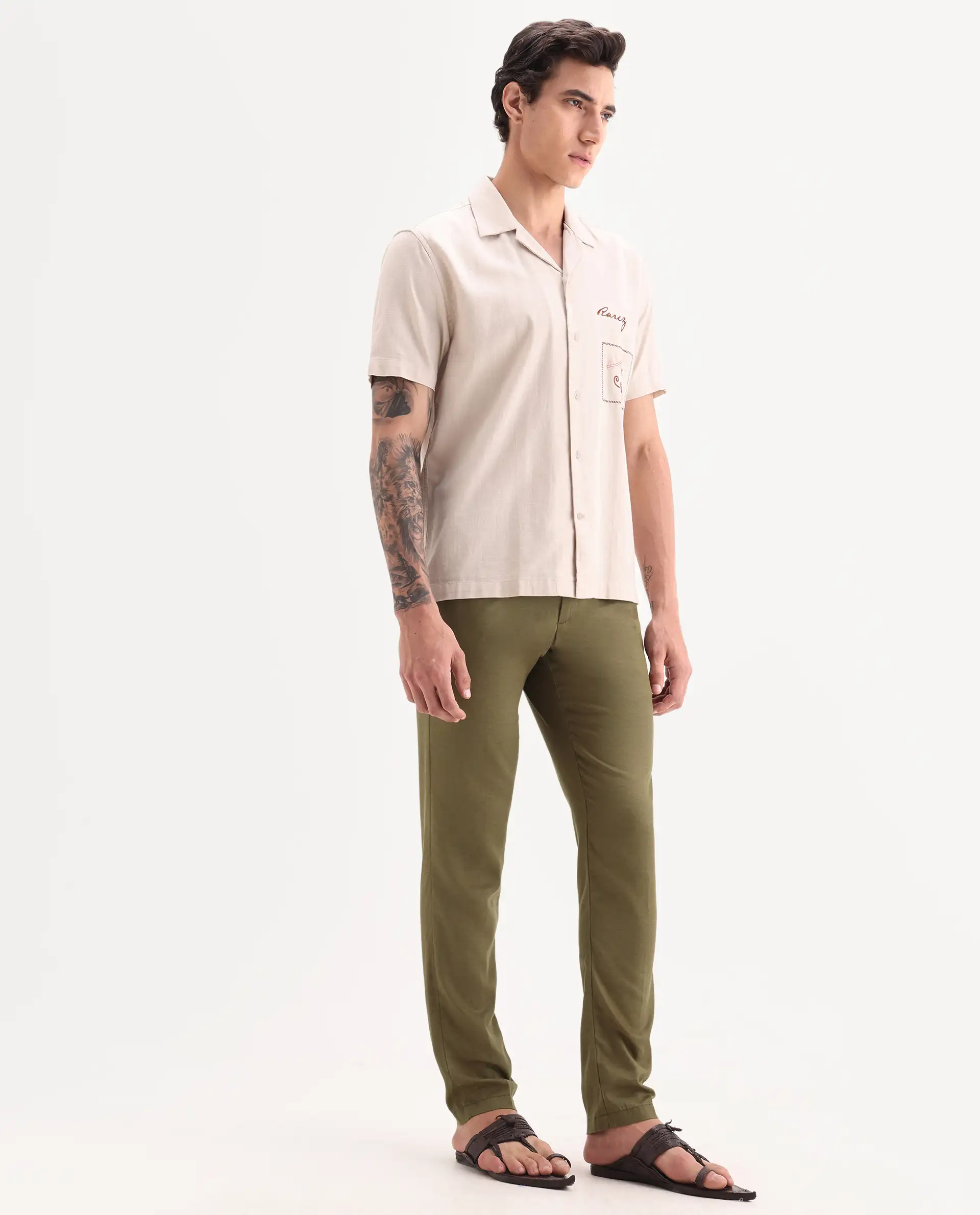 Rare Rabbit Men's Cameo Olive Linen Plain Regular Fit Trouser - Image 6