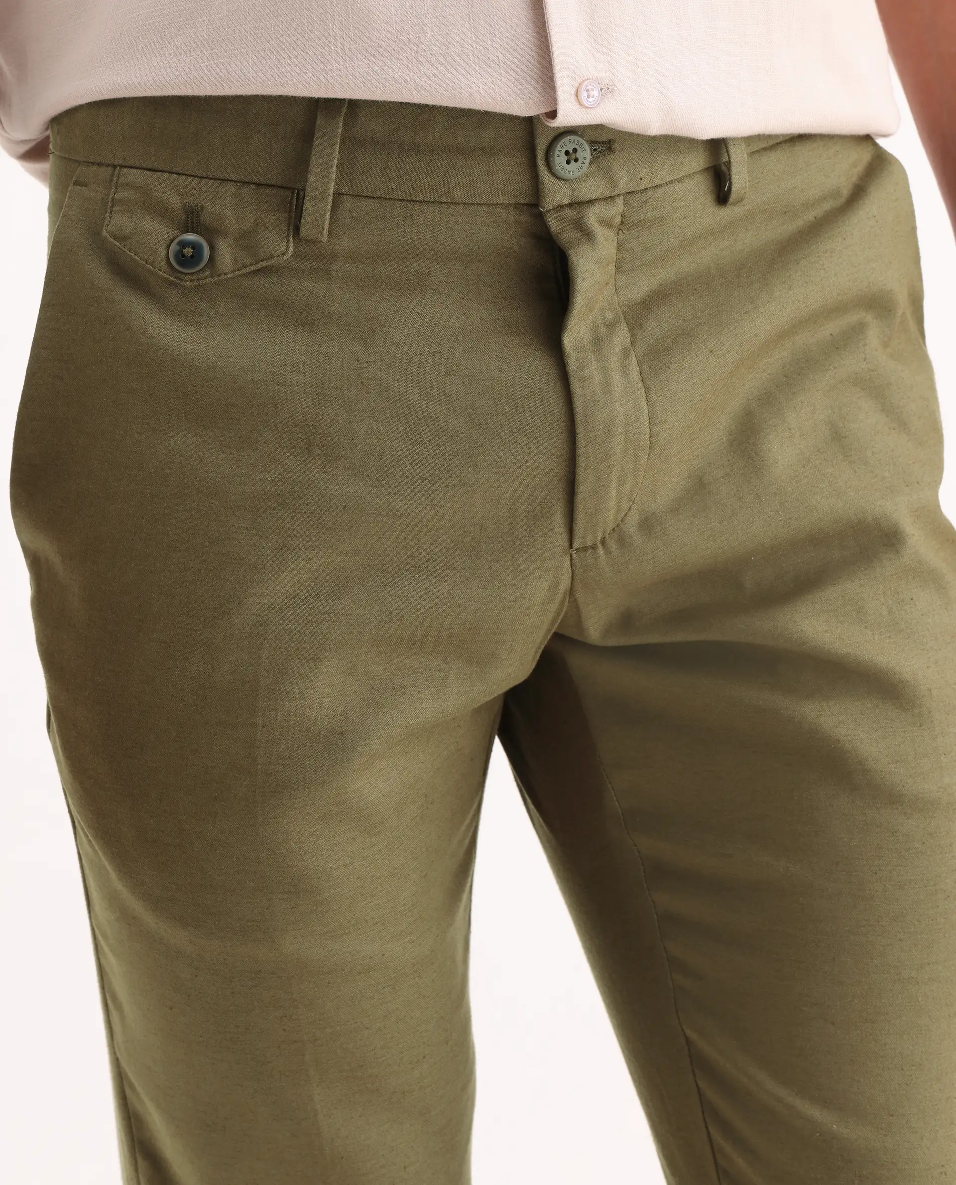 Rare Rabbit Men's Cameo Olive Linen Plain Regular Fit Trouser - Image 7
