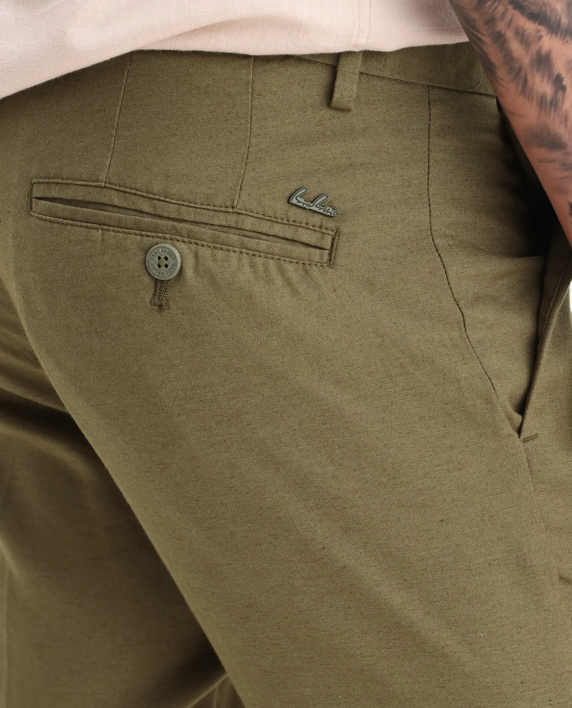 Rare Rabbit Men's Cameo Olive Linen Plain Regular Fit Trouser - Image 8