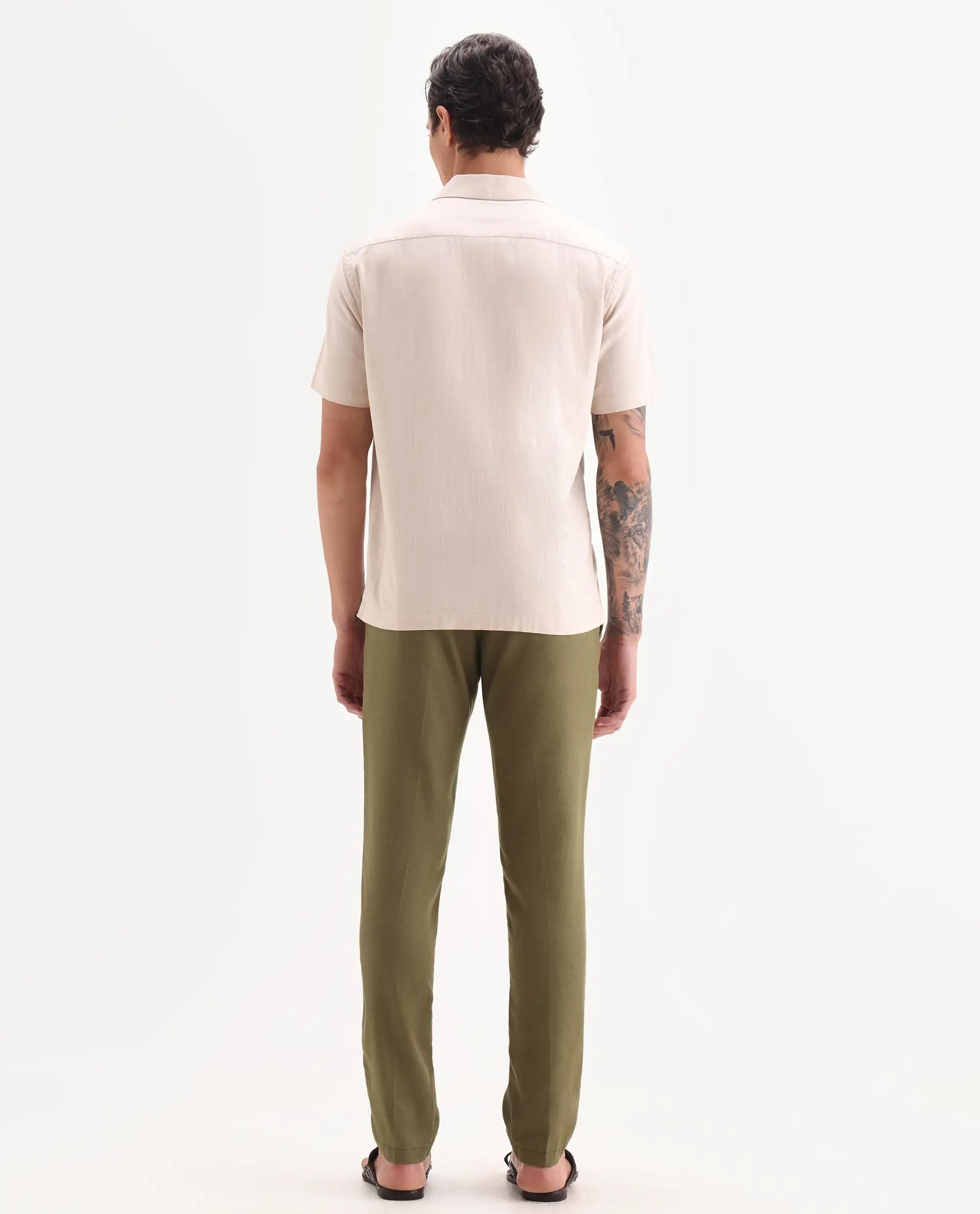 Rare Rabbit Men's Cameo Olive Linen Plain Regular Fit Trouser - Image 9