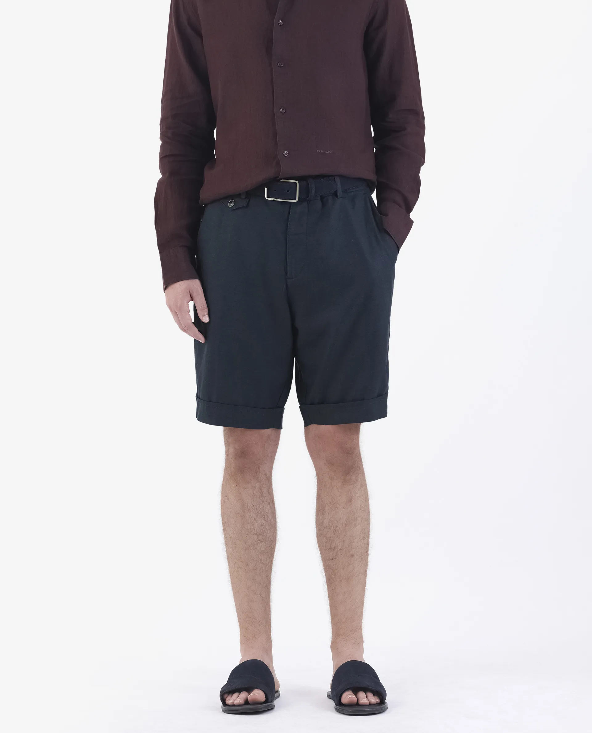 Rare Rabbit Men's Camer Navy 100% Linen Plain Regular Fit Shorts - Image 2
