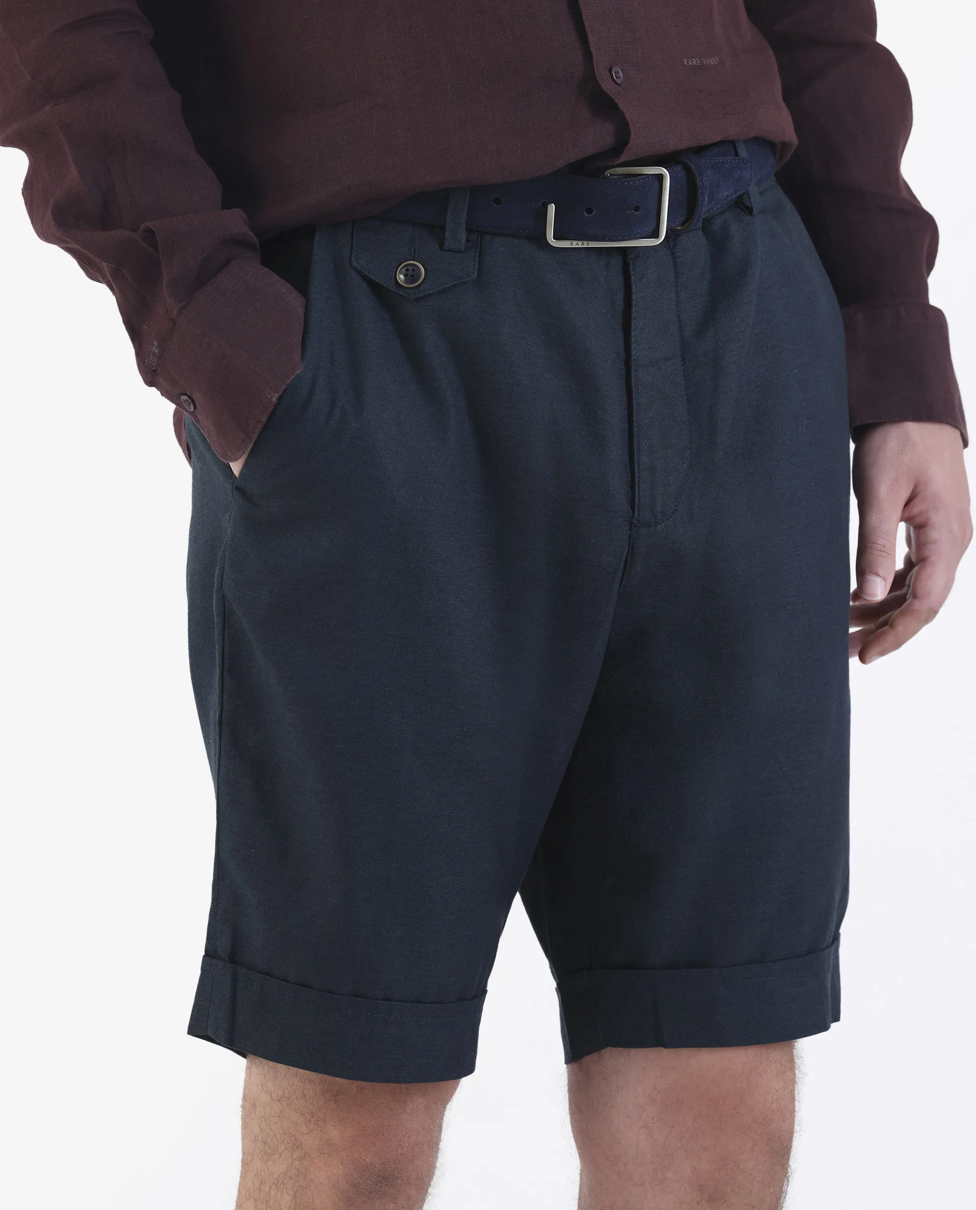 Rare Rabbit Men's Camer Navy 100% Linen Plain Regular Fit Shorts - Image 3